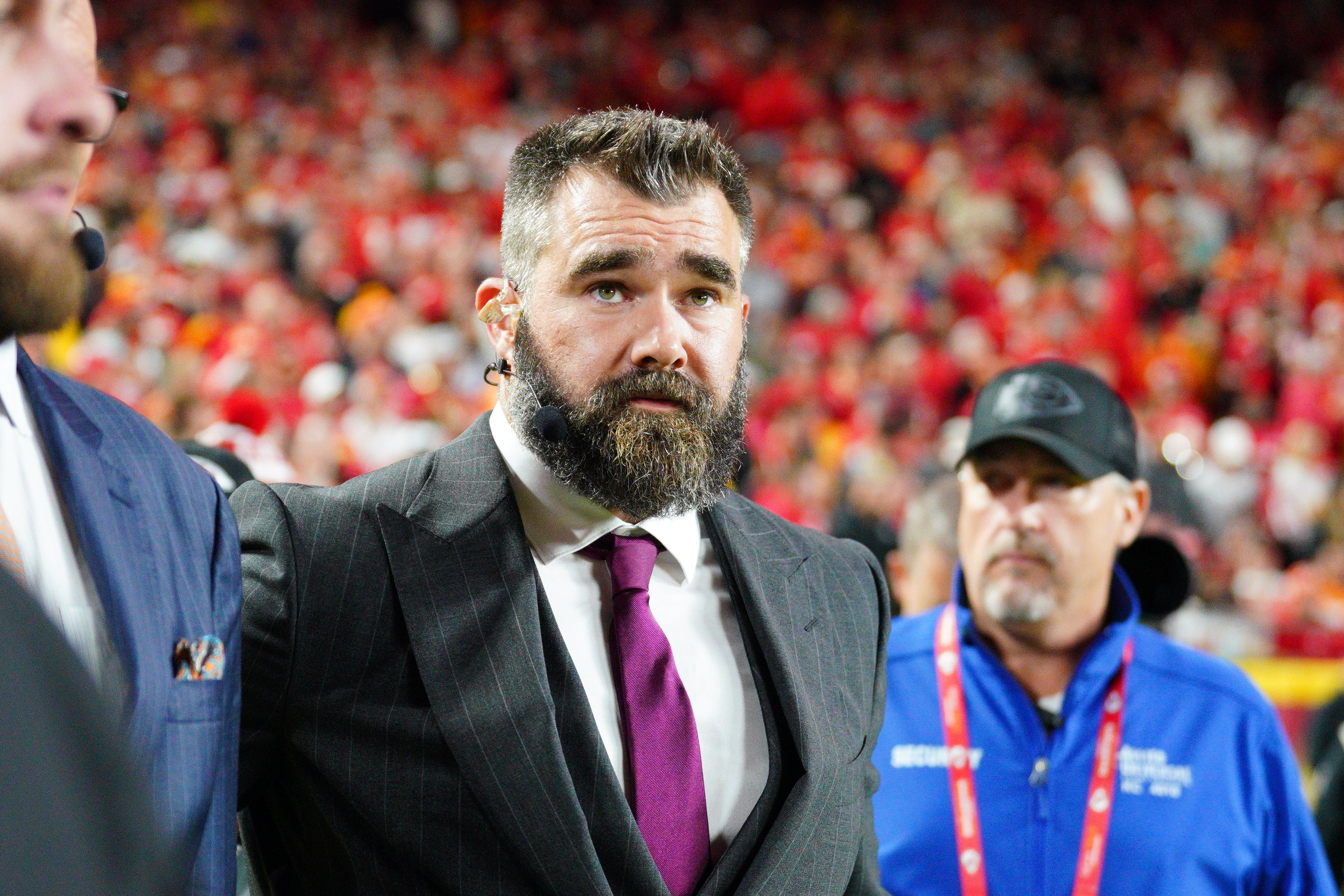 Nov 4, 2024; Kansas City, Missouri, USA; Former NFL player and ESPN commentator Jason Kelce on the sidelines during the game between the Kansas City Chiefs and Tampa Bay Buccaneers at GEHA Field at Arrowhead Stadium.