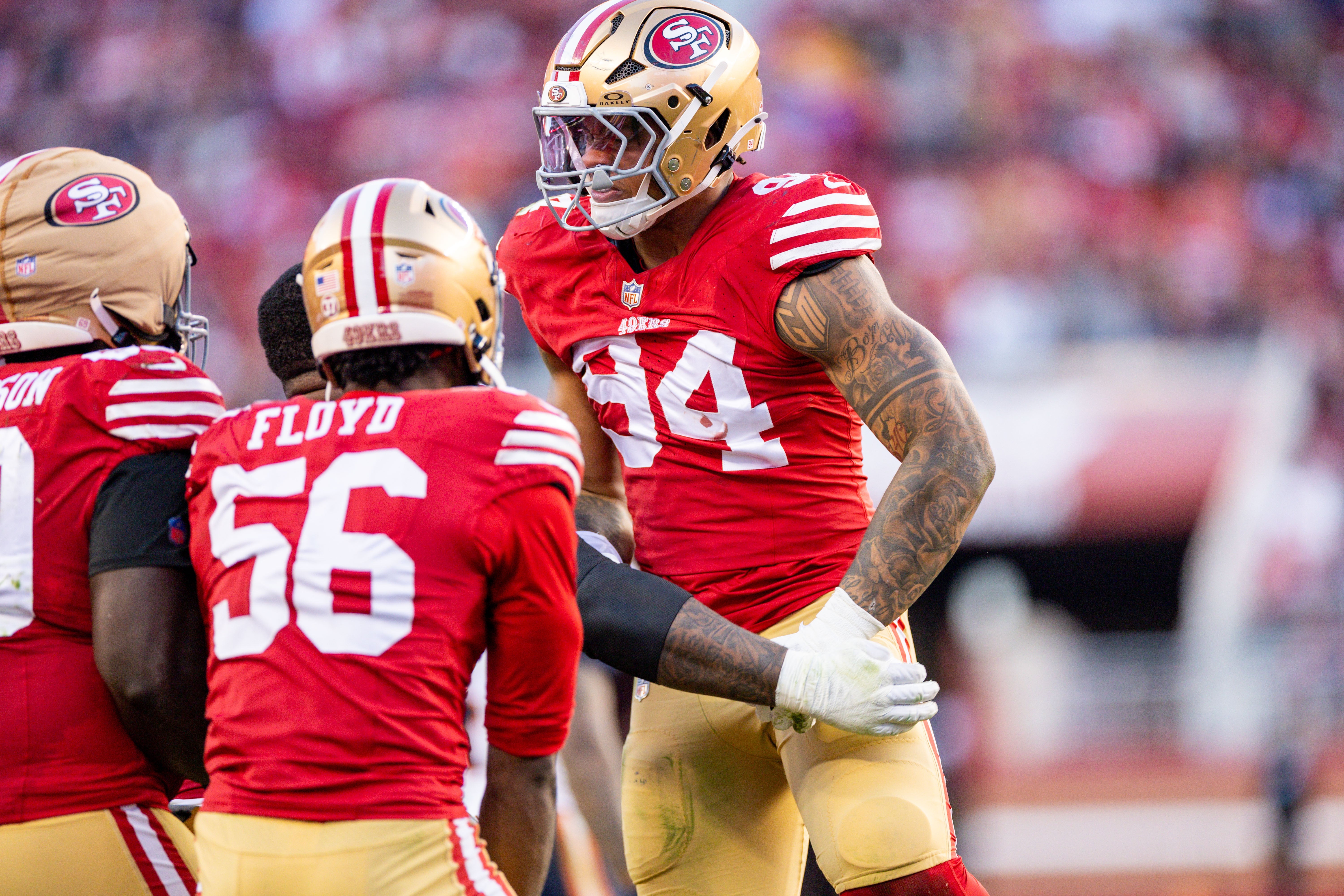 San Francisco 49ers defensive end Yetur Gross-Matos (94) celebrates his sack during the fourth quarter against the Chicago Bears at Levi's Stadium.