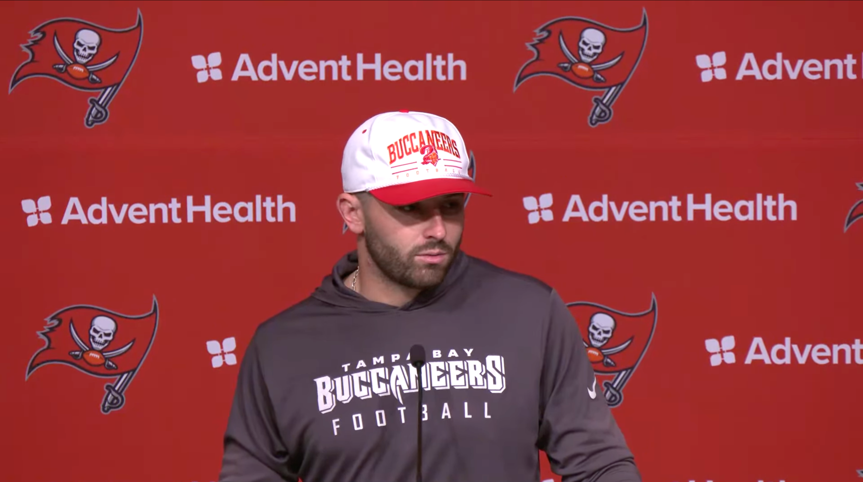 Baker Mayfield talks to reporters ahead of the Bucs' matchup against the Chargers.