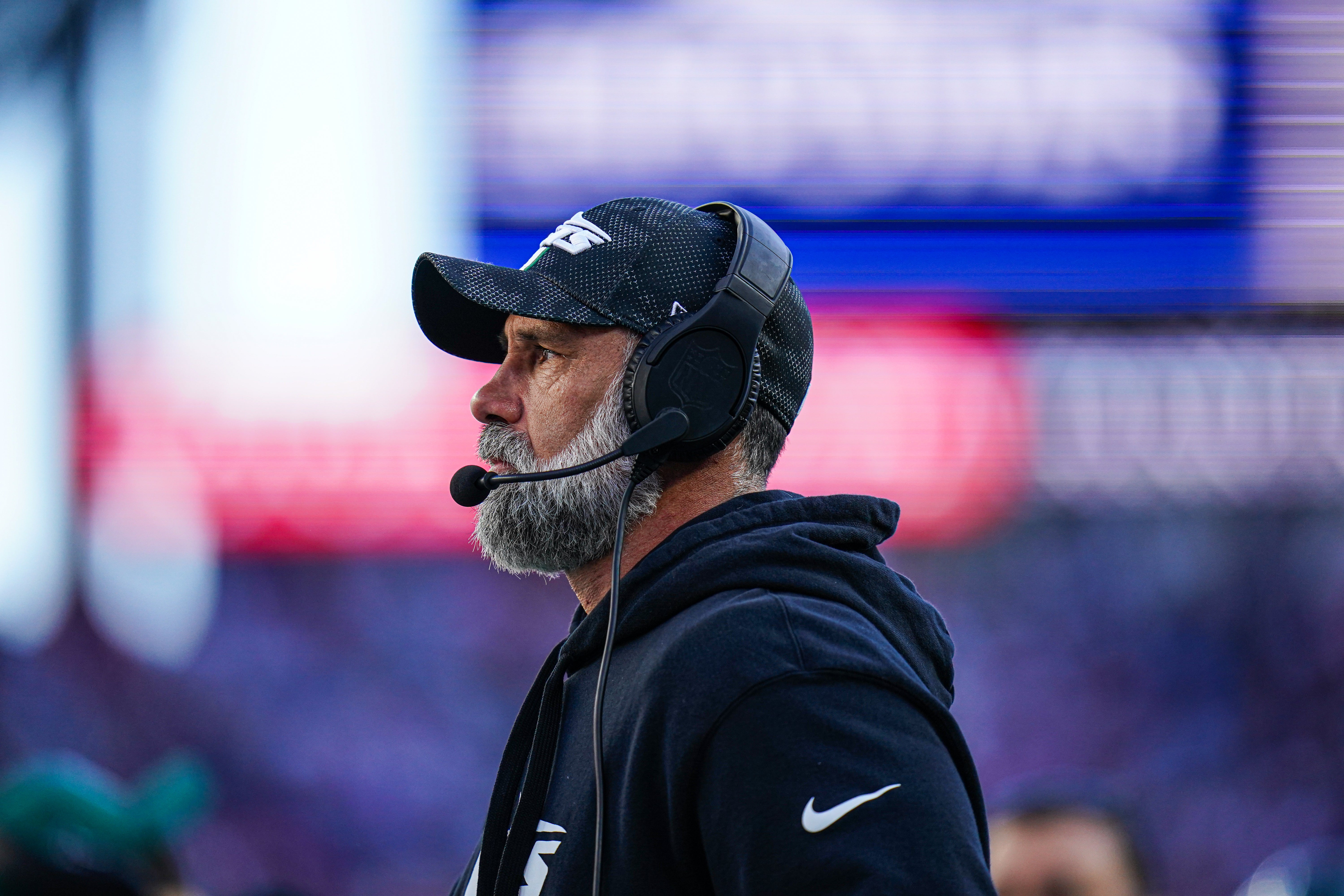 New York Jets interim head coach Jeff Ulbrich watches from the sideline as they take on the New England Patriots at Gillette Stadium.