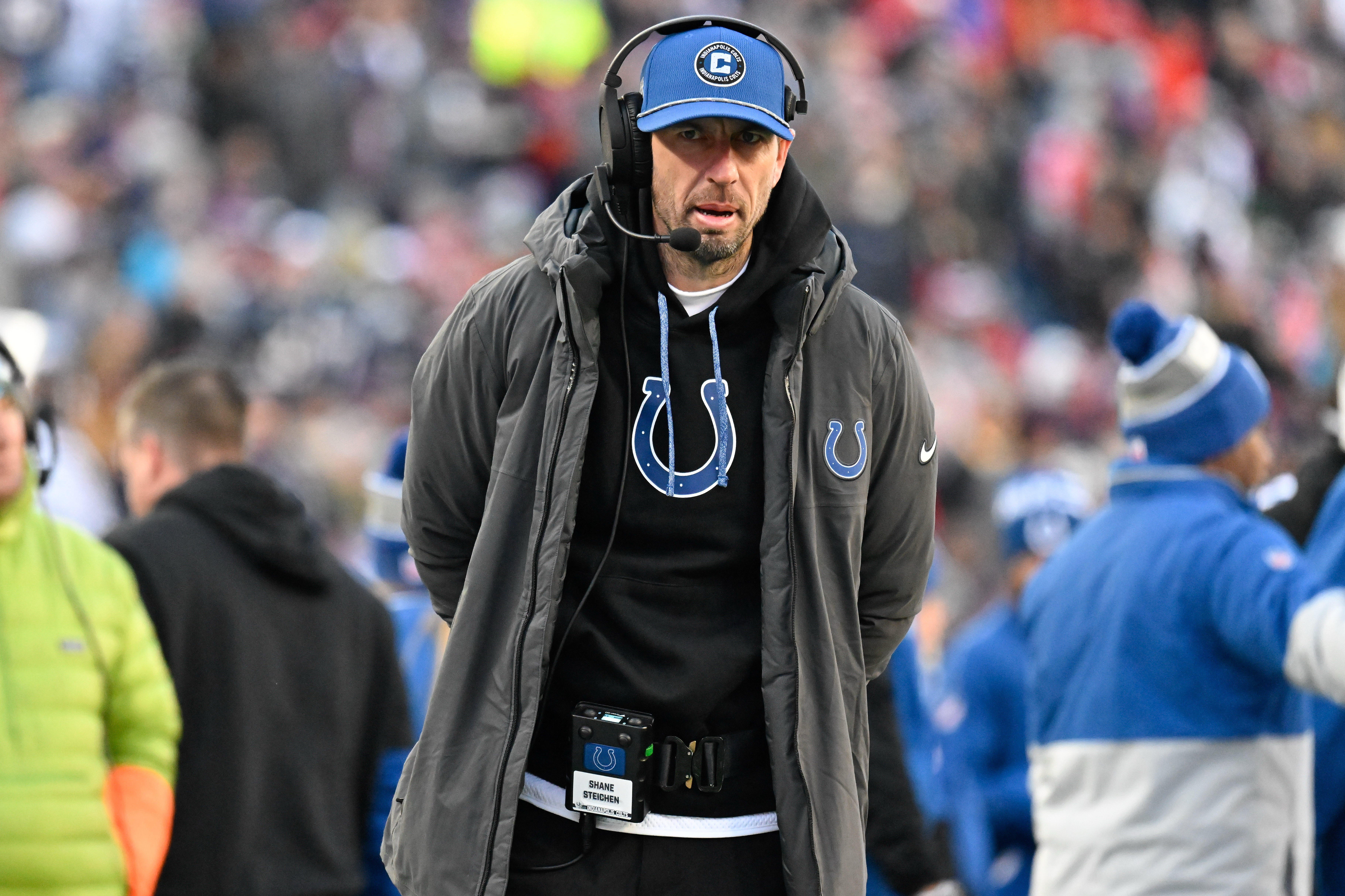 Dec 1, 2024; Foxborough, Massachusetts, USA; Indianapolis Colts head coach Shane Steichen works form the sideline during the first half against the Indianapolis Colts at Gillette Stadium.