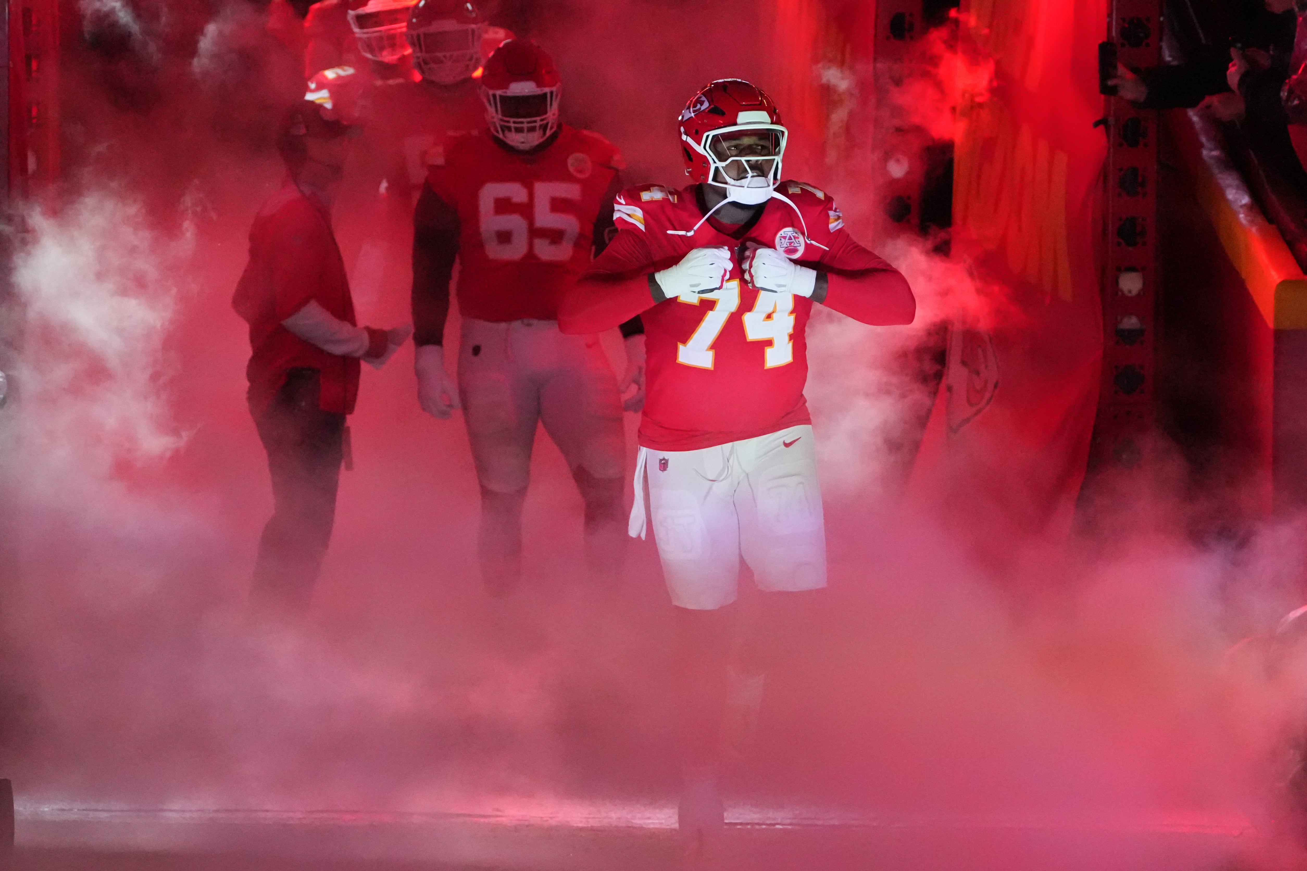 Nov 4, 2024; Kansas City, Missouri, USA; Kansas City Chiefs offensive tackle Jawaan Taylor (74) is introduced against the Tampa Bay Buccaneers prior to a game at GEHA Field at Arrowhead Stadium.