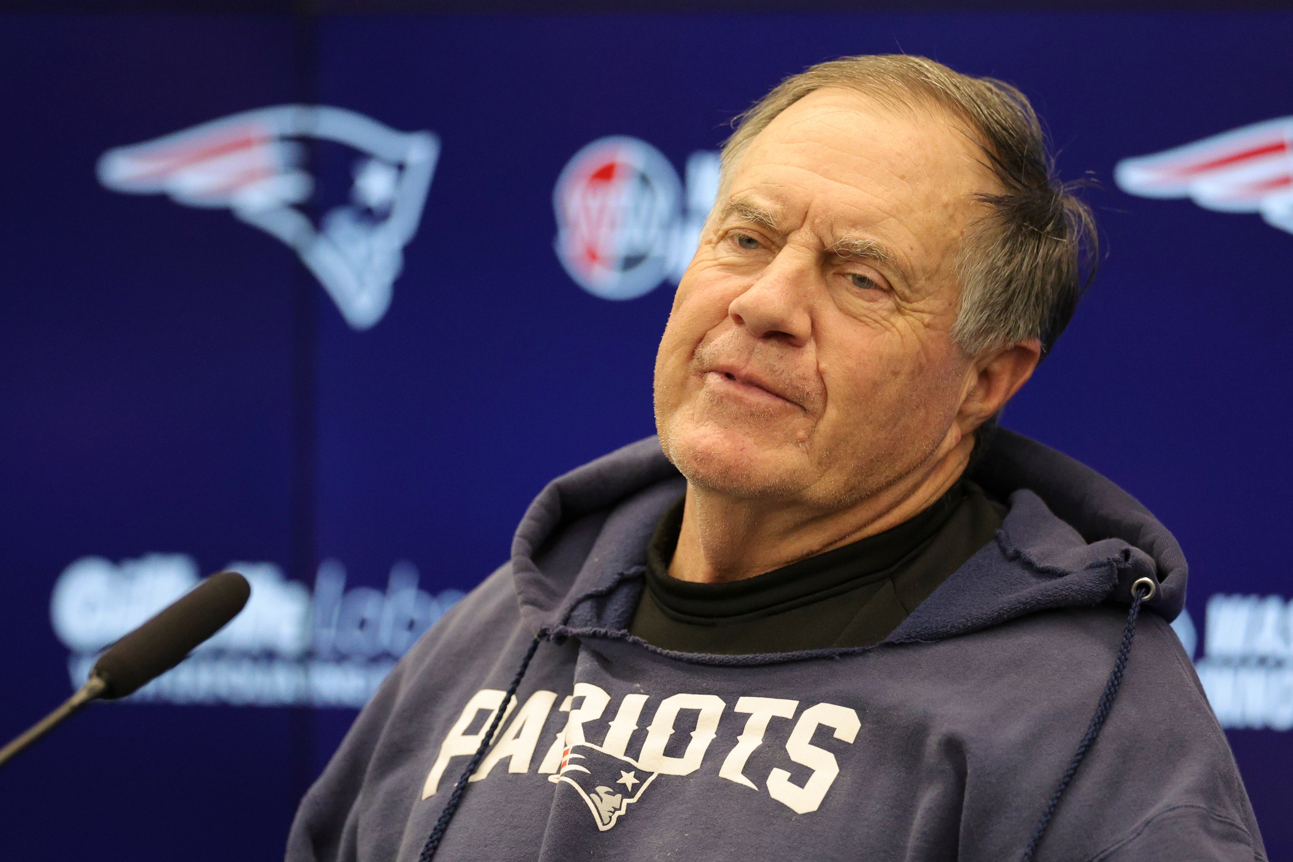 Nov 10, 2023; Frankfurt, Germany; New England Patriots head coach Bill Belichick speaks to the media before an NFL International Series practice at the Deutcher Fussball-Bund facility.