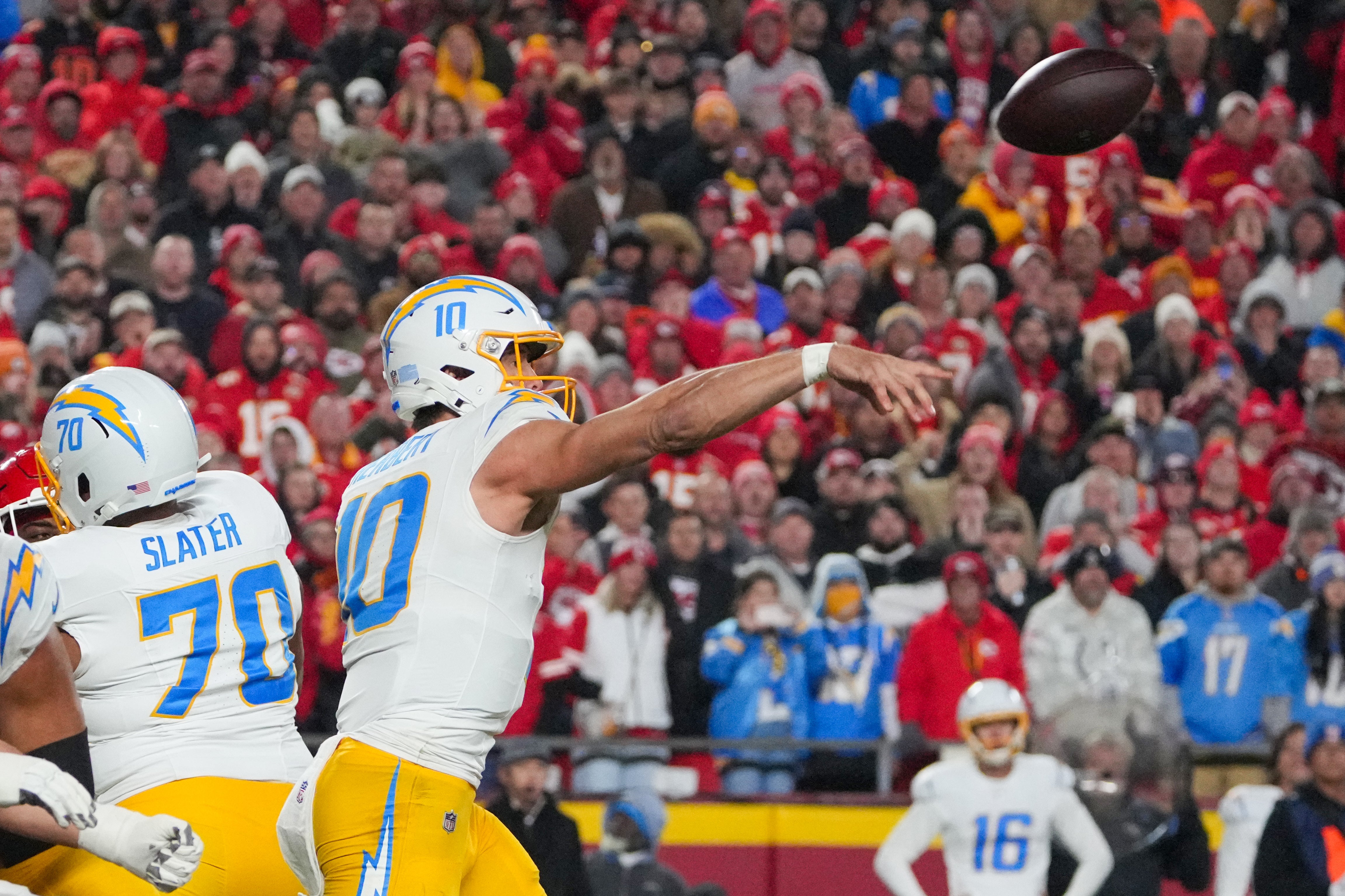 Chargers quarterback Justin Herbert (10) throws a pass against the Chiefs.