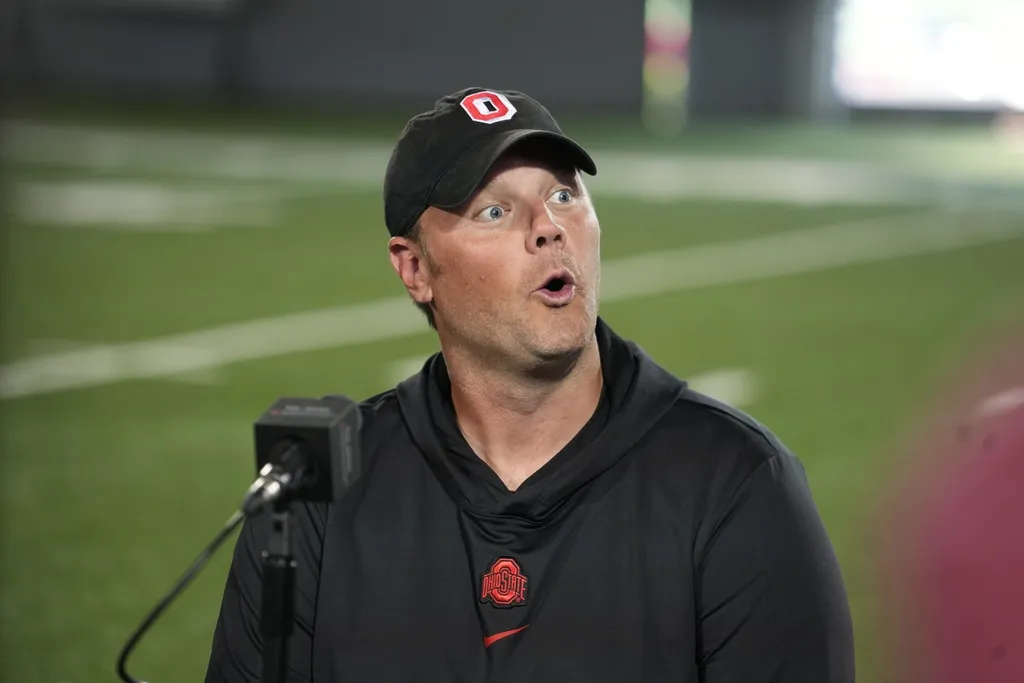Ohio State University football offensive line coach Justin Frye speaks during the Ohio State football team media availability on August 22, 2024 at the Woody Hayes Athletic Facility