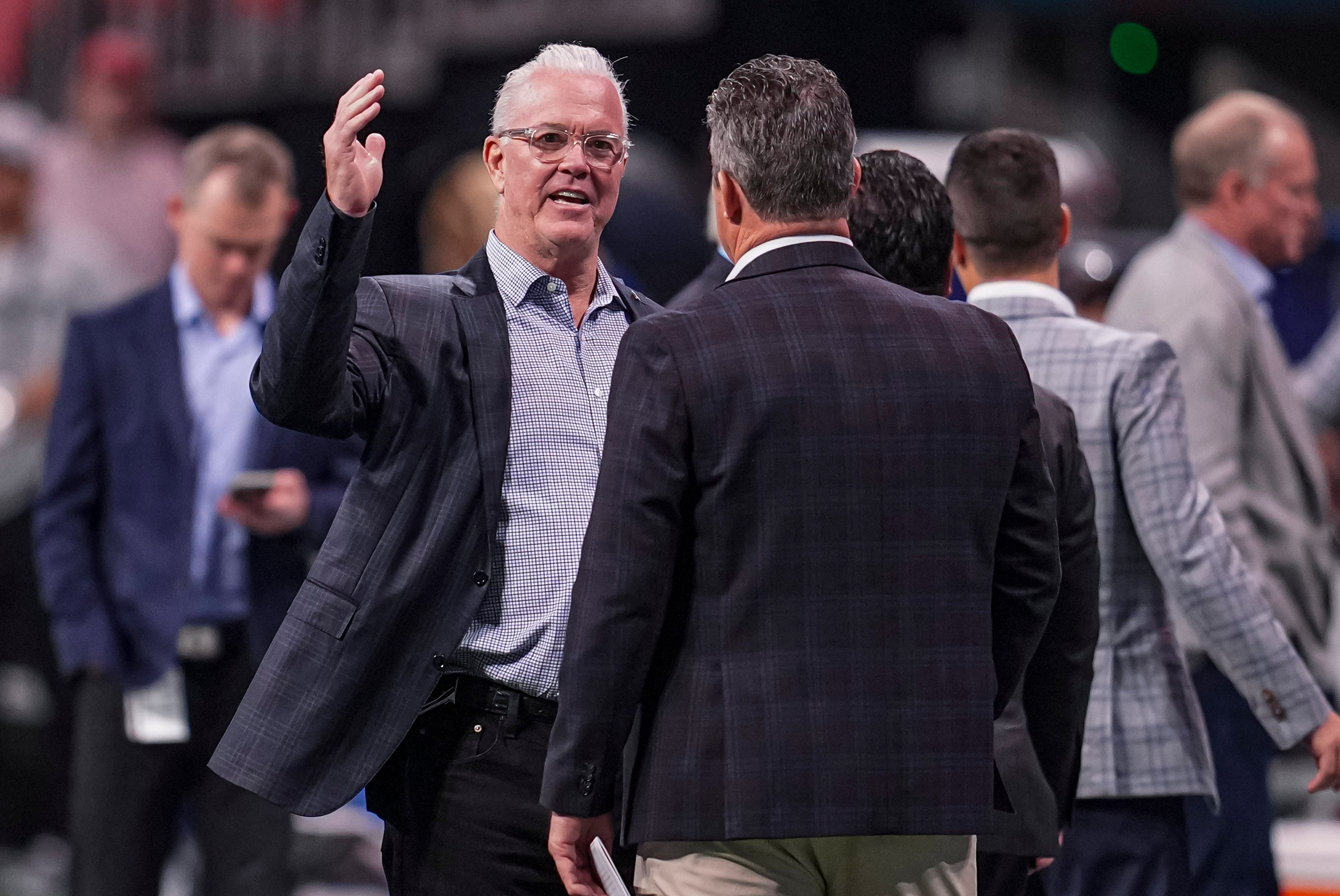 Dallas Cowboys Chief Operating Officer and Co-Owner Stephen Jones shown on the field prior to the game against the Atlanta Falcons at Mercedes-Benz Stadium.
