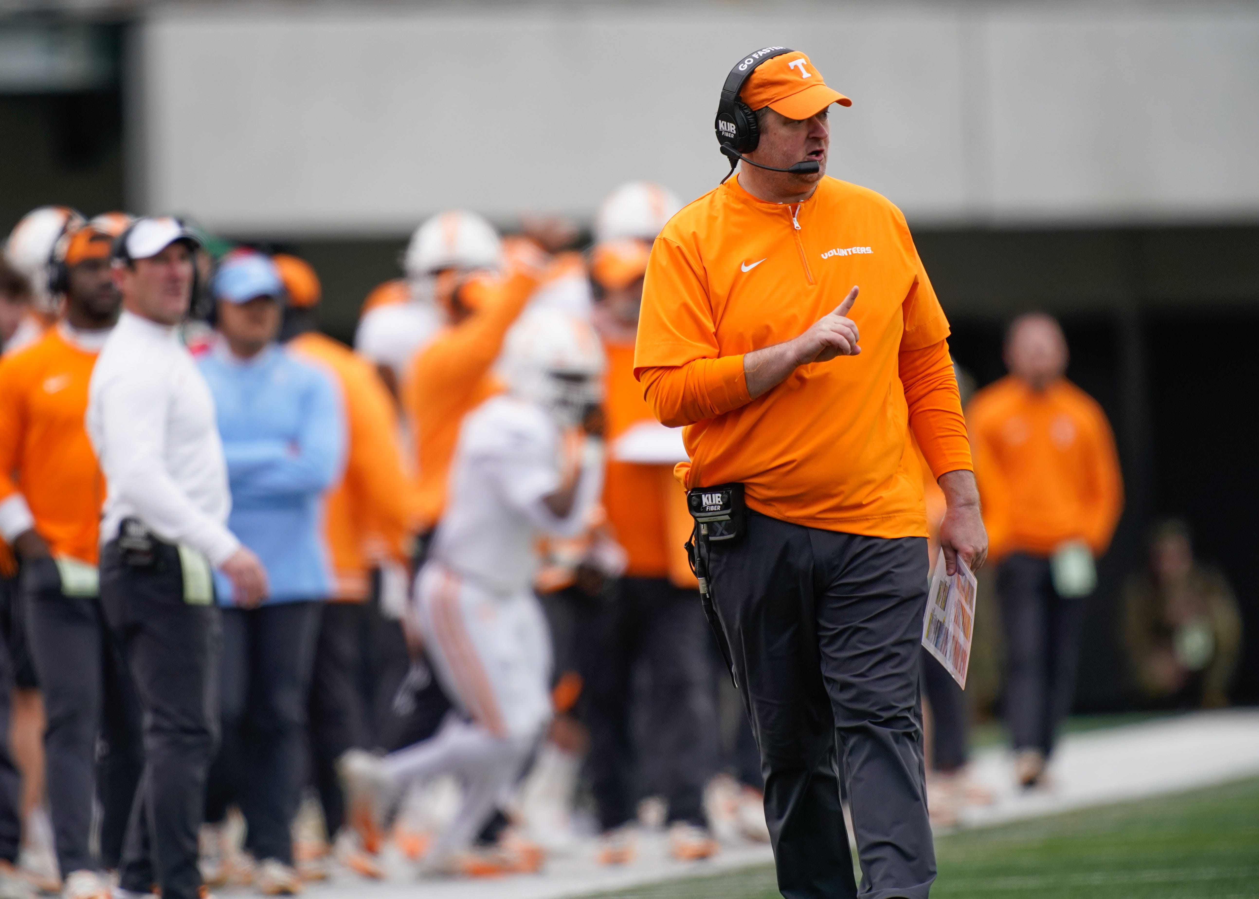 Tennessee head coach Josh Heupel signals to the team during the fourth quarter at FirstBank Stadium in Nashville, Tenn., Saturday, Nov. 30, 2024.