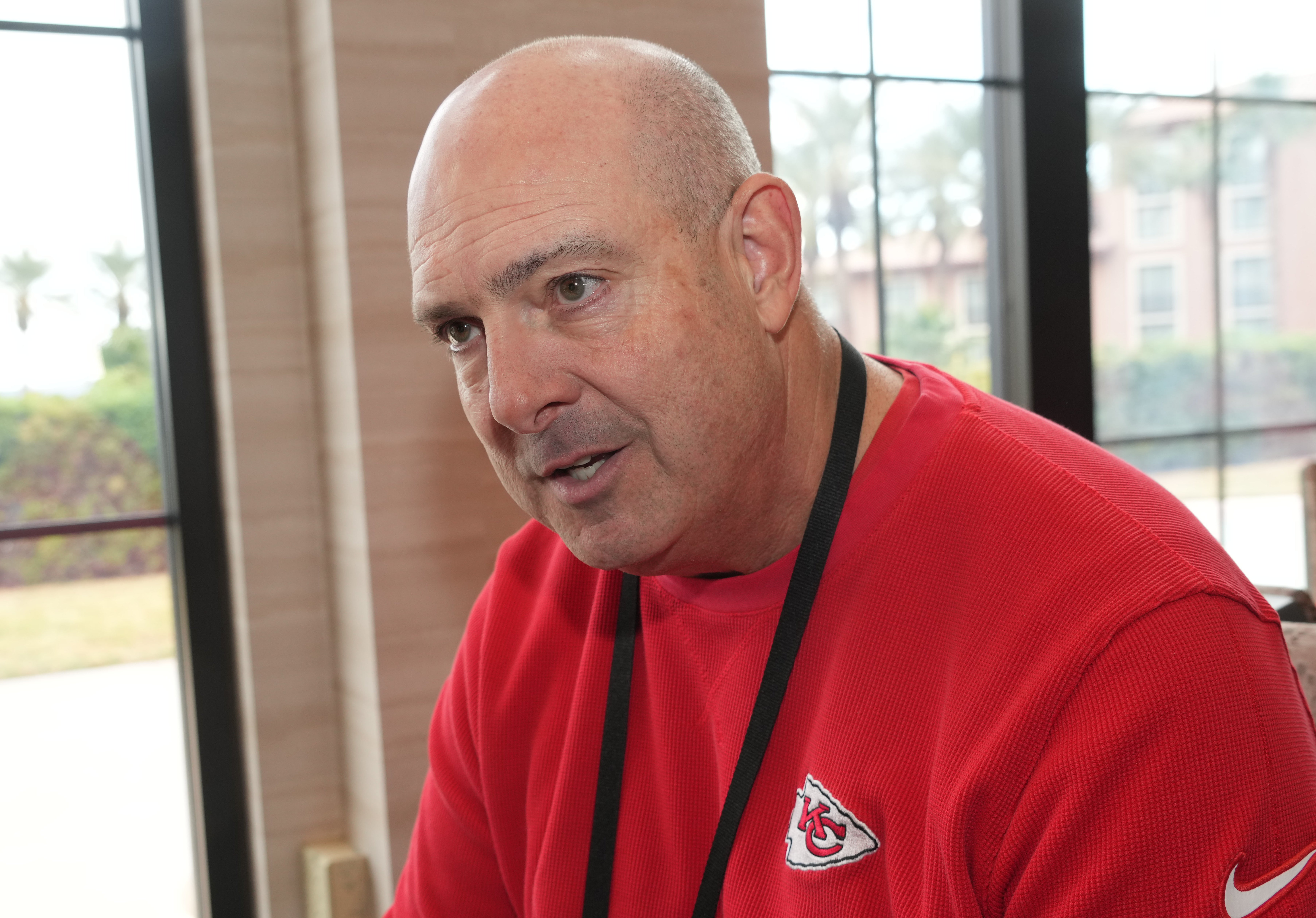 Feb 7, 2024; Las Vegas, NV, USA; Kansas City Chiefs offensive line coach Andy Heck during a press conference before Super Bowl LVIII at Westin Lake Las Vegas Resort and Spa.
