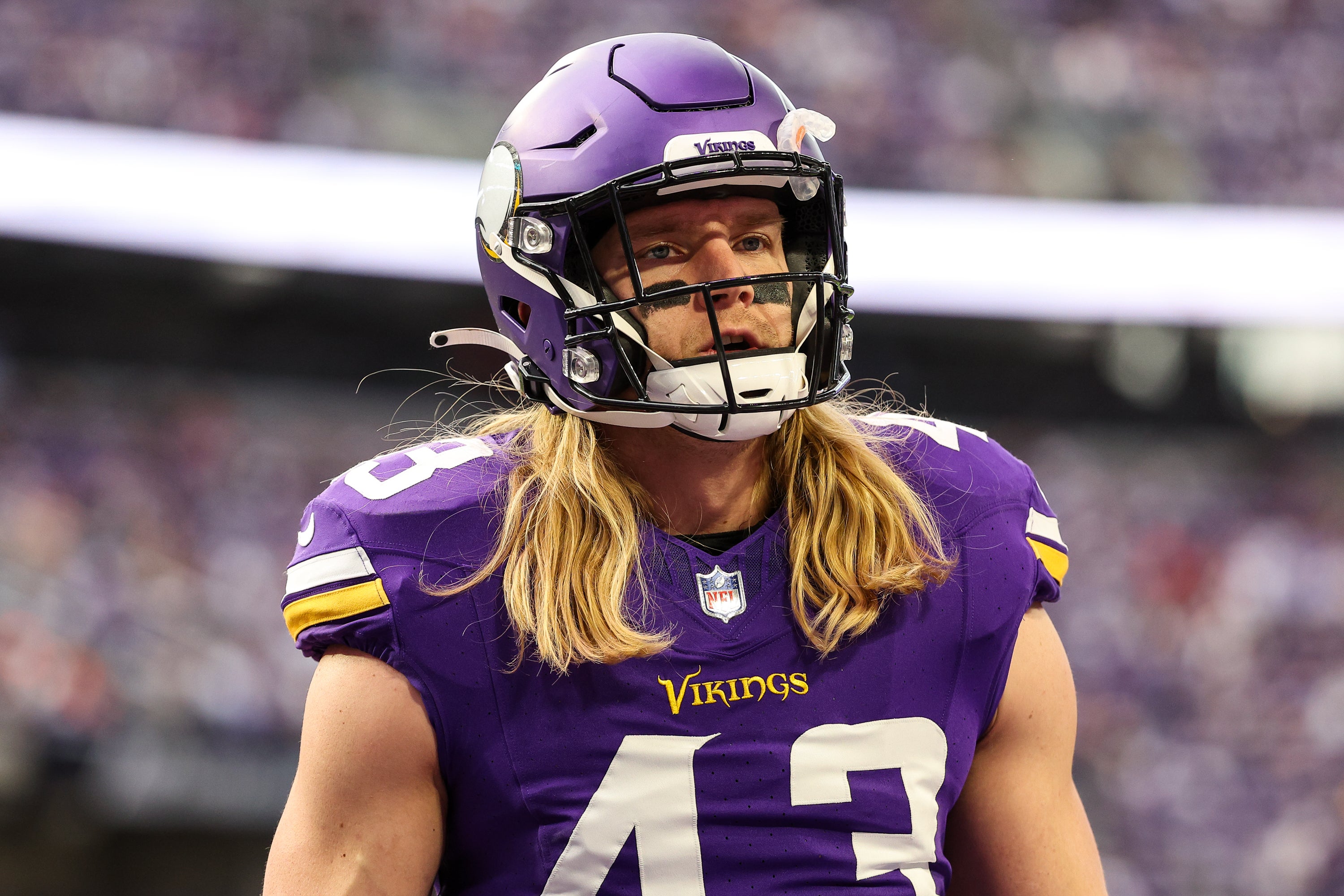 Dec 8, 2024; Minneapolis, Minnesota, USA; Minnesota Vikings linebacker Andrew Van Ginkel (43) looks on before the game against the Atlanta Falcons at U.S. Bank Stadium.