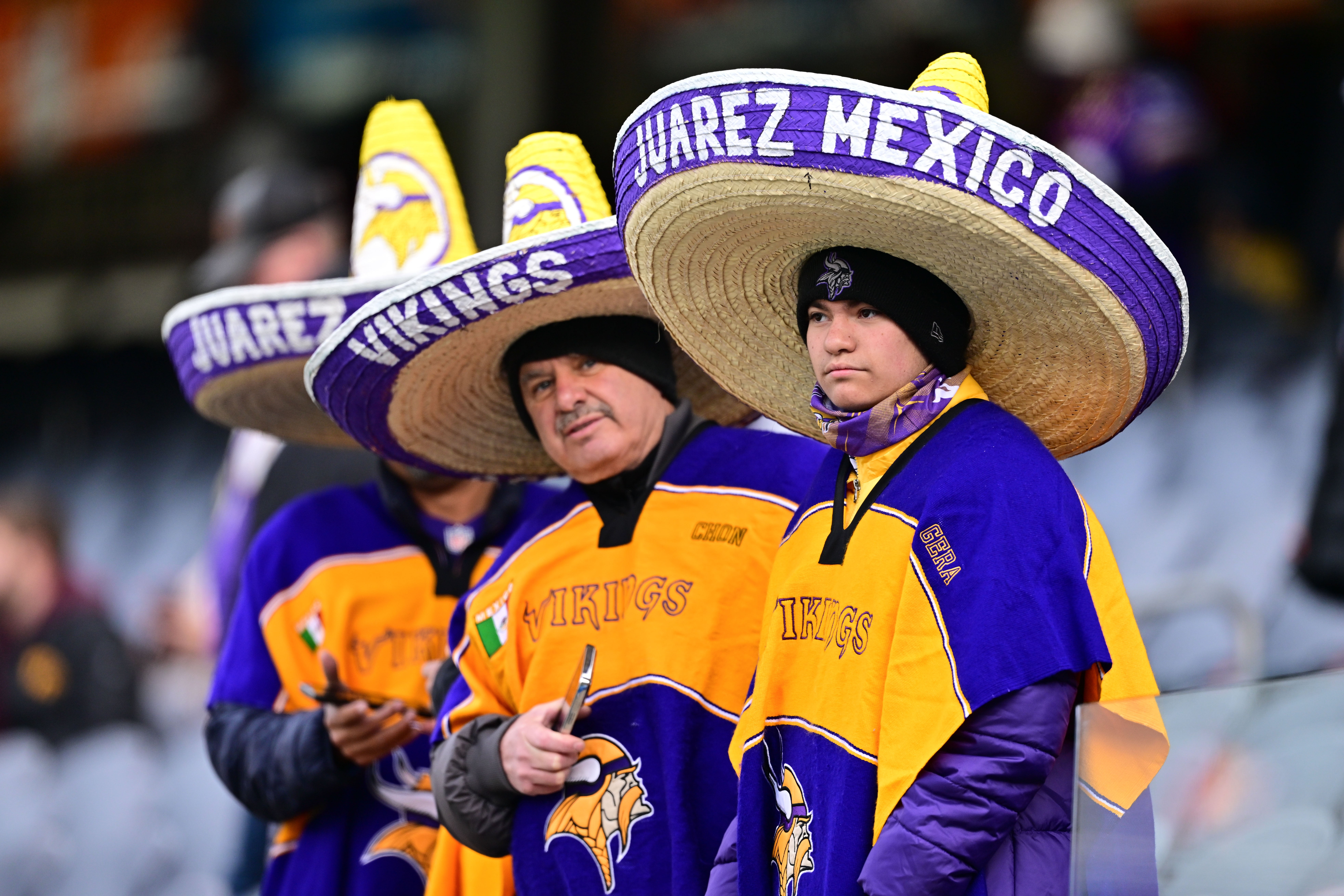 Nov 24, 2024; Chicago, Illinois, USA; Minnesota Vikings fans look on before the game against the Chicago Bears at Soldier Field.
