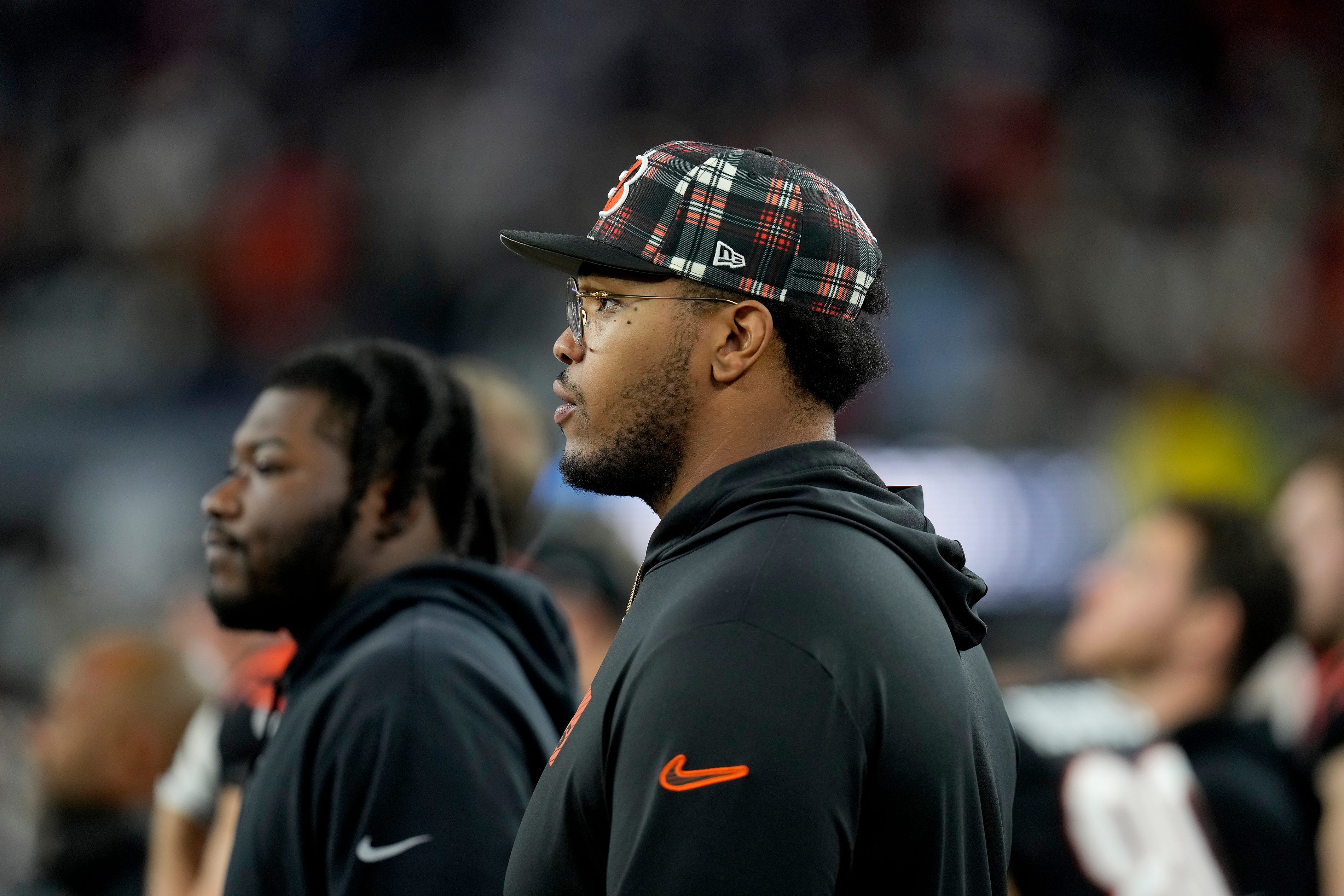 Cincinnati Bengals offensive tackle Orlando Brown Jr. (75) watches his team take on Dallas Cowboys Monday Night Football at AT&T Stadium in Arlington,Texas on Monday, December 9, 2024.