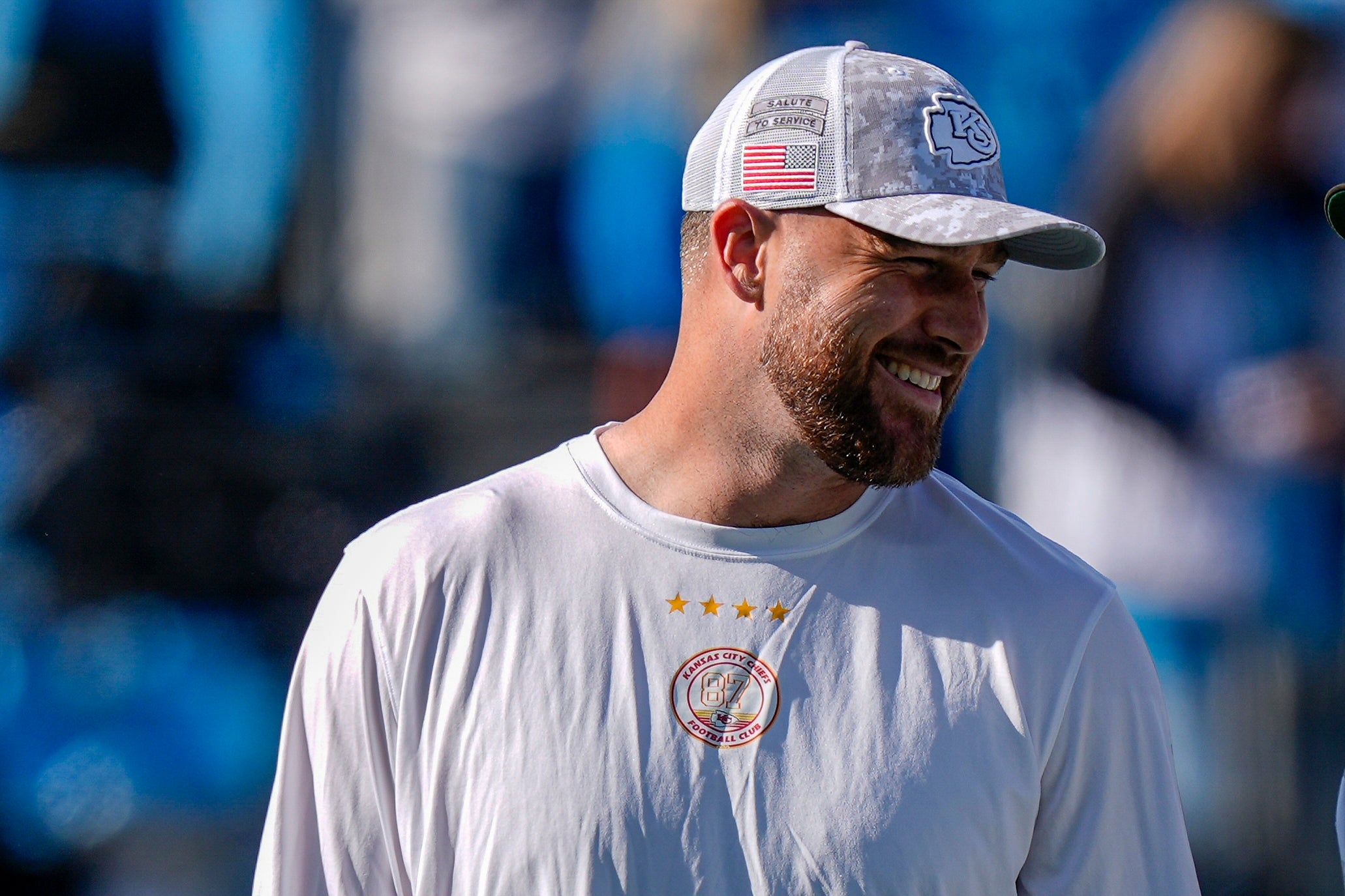 Nov 24, 2024; Charlotte, North Carolina, USA; Kansas City Chiefs tight end Travis Kelce (87) during pregame warmups against the Carolina Panthers at Bank of America Stadium.