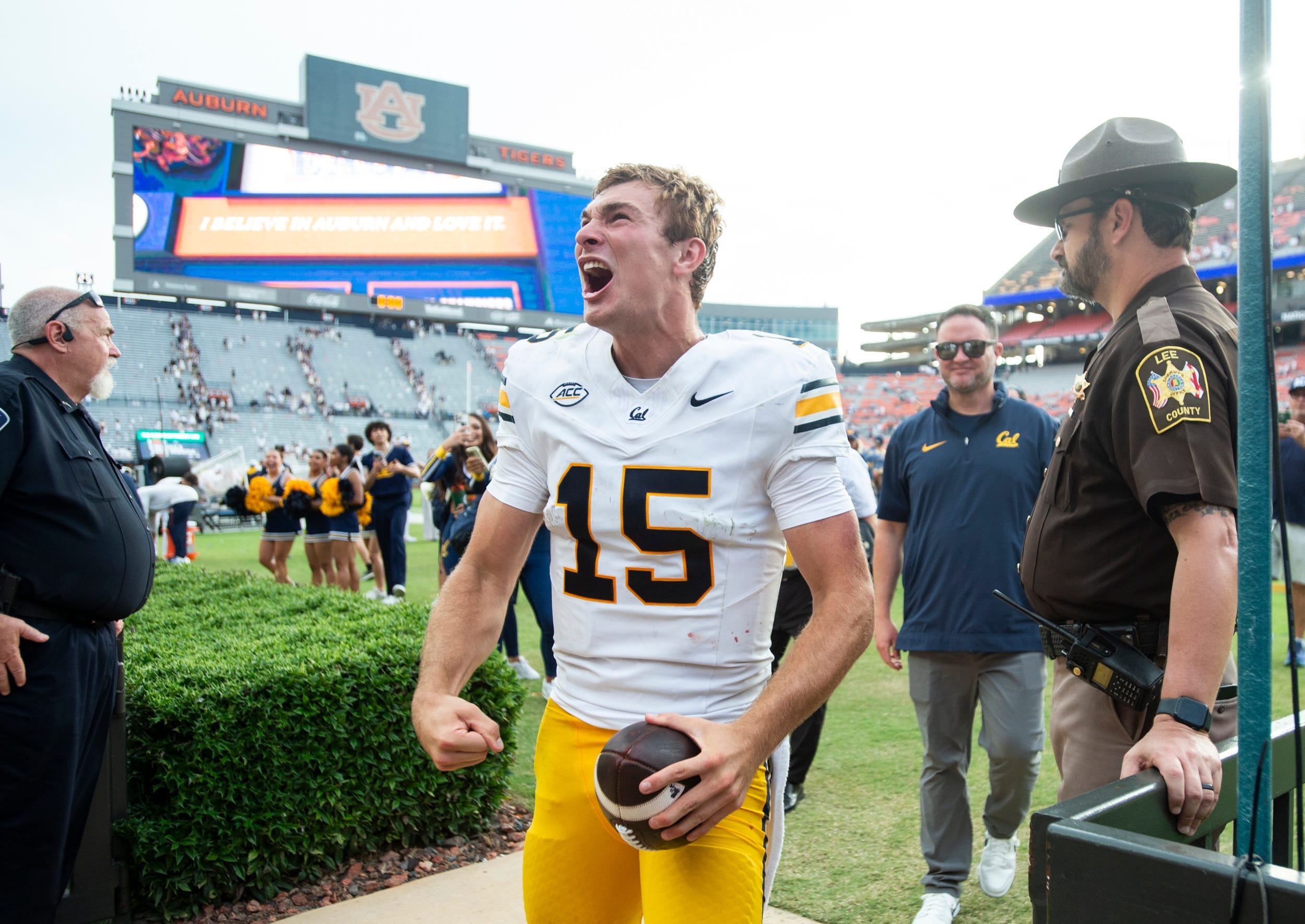 California Golden Bears quarterback Fernando Mendoza (15) celebrates with fans after the game as Auburn Tigers take on California Golden Bears at Jordan-Hare Stadium in Auburn, Ala., on Saturday, Sept. 7, 2024. California Golden Bears defeated Auburn Tigers 21-14.