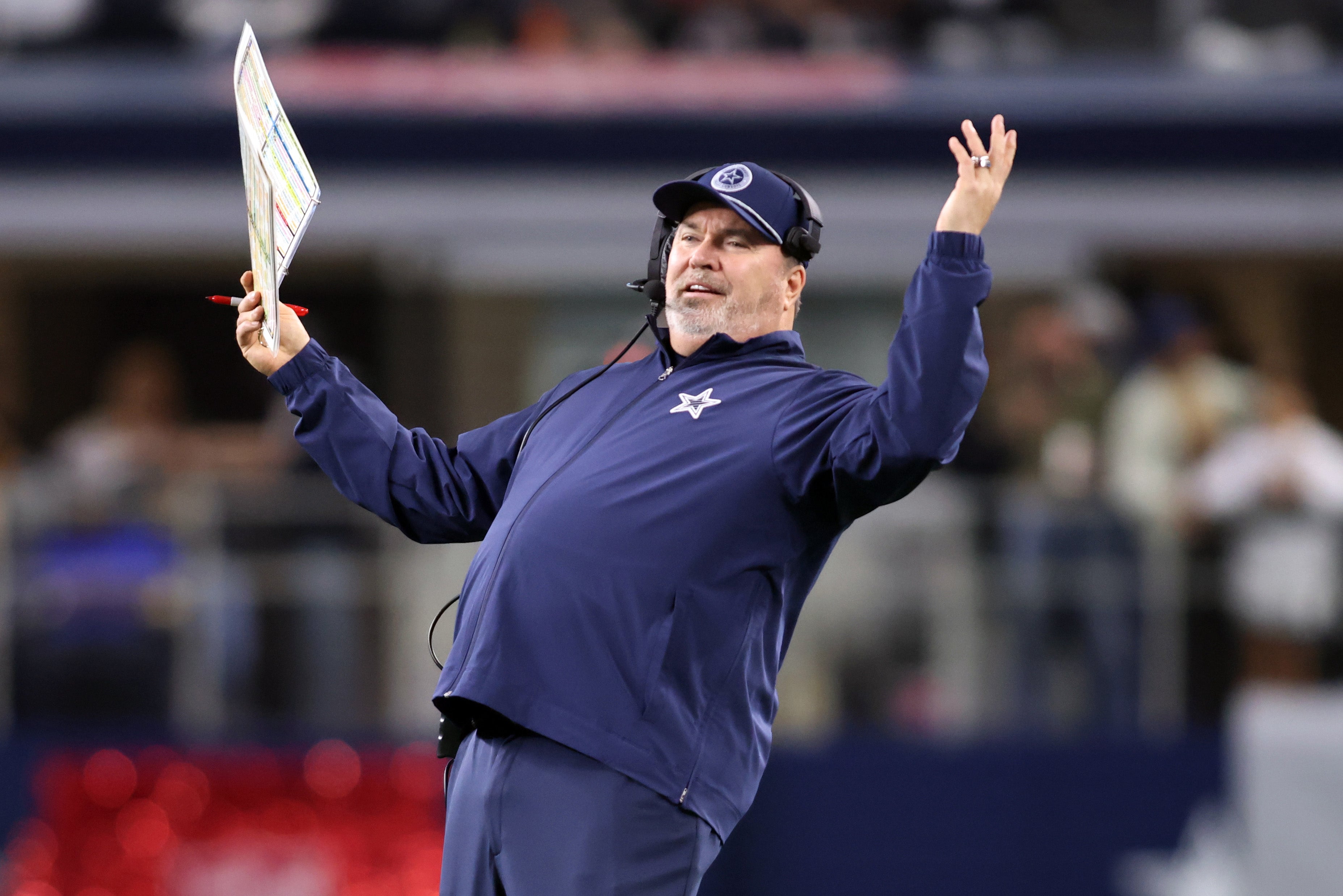 Dec 9, 2024; Arlington, Texas, USA; Dallas Cowboys head coach Mike McCarthy reacts after a play against the Cincinnati Bengals at AT&T Stadium.