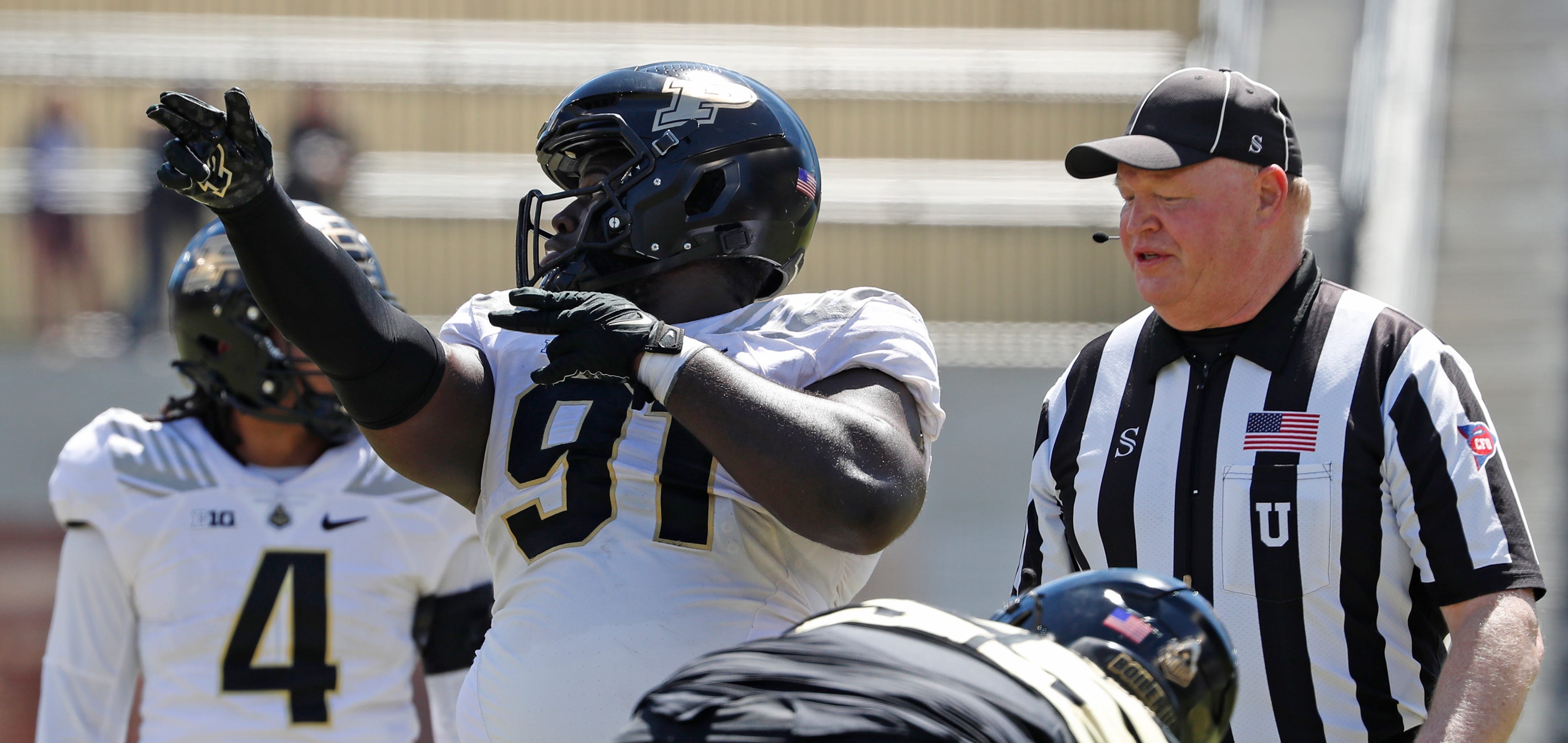 Purdue Boilermakers defensive lineman Cole Brevard (91) reacts after a false start is called on the offense during the spring football game, Saturday, April 13, 2024, at Ross-Ade Stadium in West Lafayette, Ind.