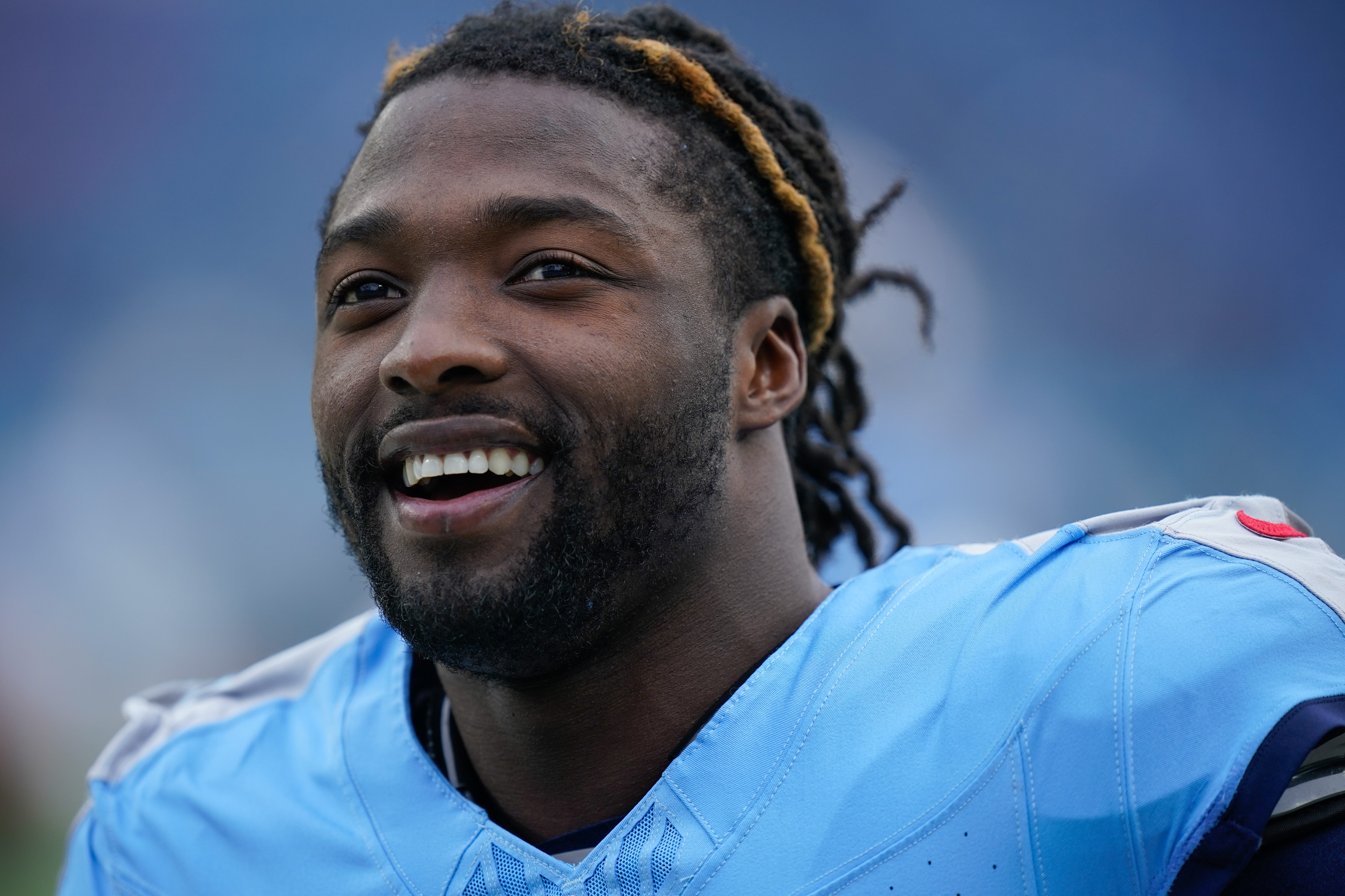 Tennessee Titans running back Tyjae Spears (2) talks to fans during warmups at Nissan Stadium in Nashville, Tenn., Sunday, Dec. 8, 2024 Denny Simmons / The Tennessean-USA TODAY NETWORK via Imagn Images