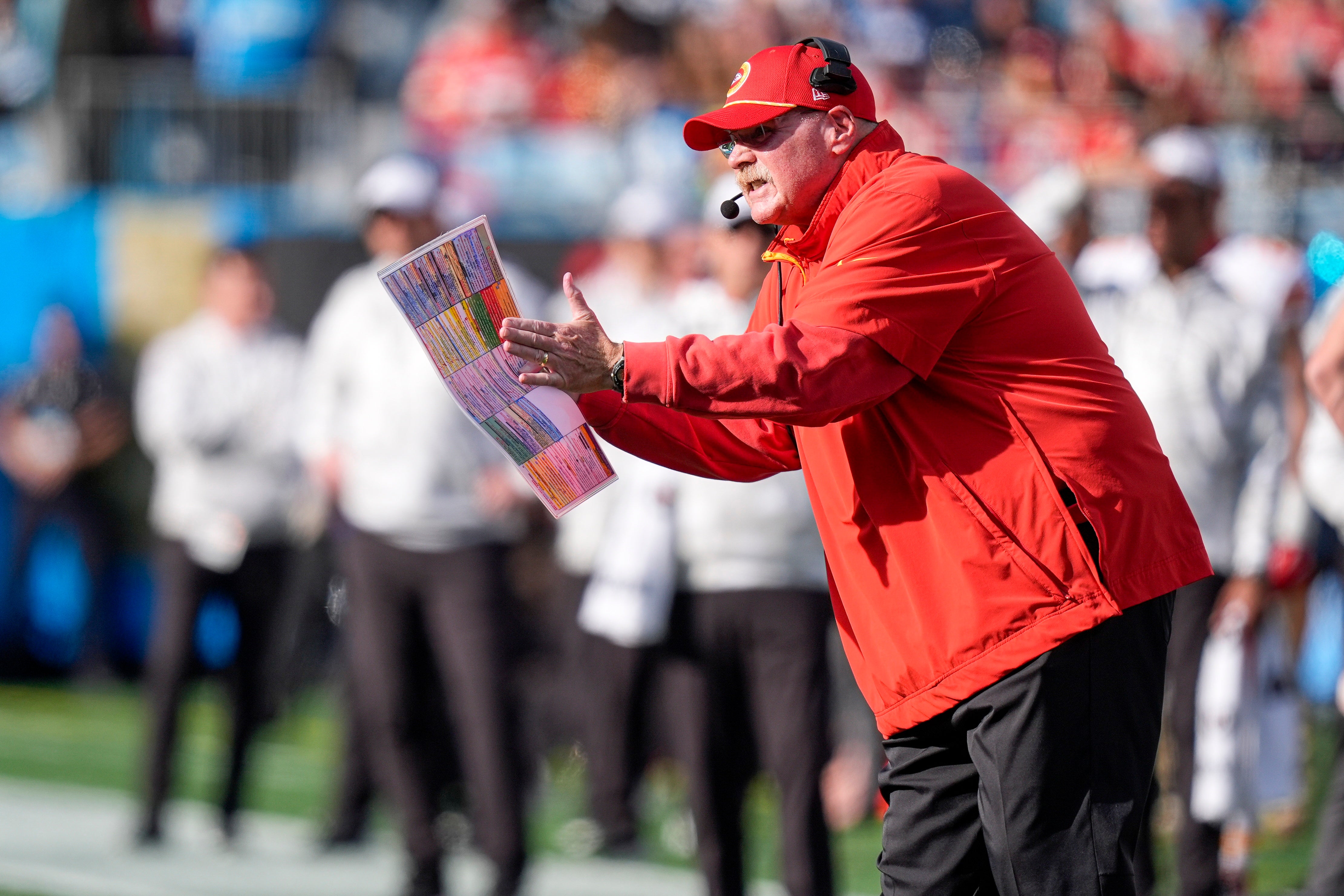 Nov 24, 2024; Charlotte, North Carolina, USA; Kansas City Chiefs head coach Andy Reid yells out to his offense during the second quarter against the Carolina Panthers at Bank of America Stadium.