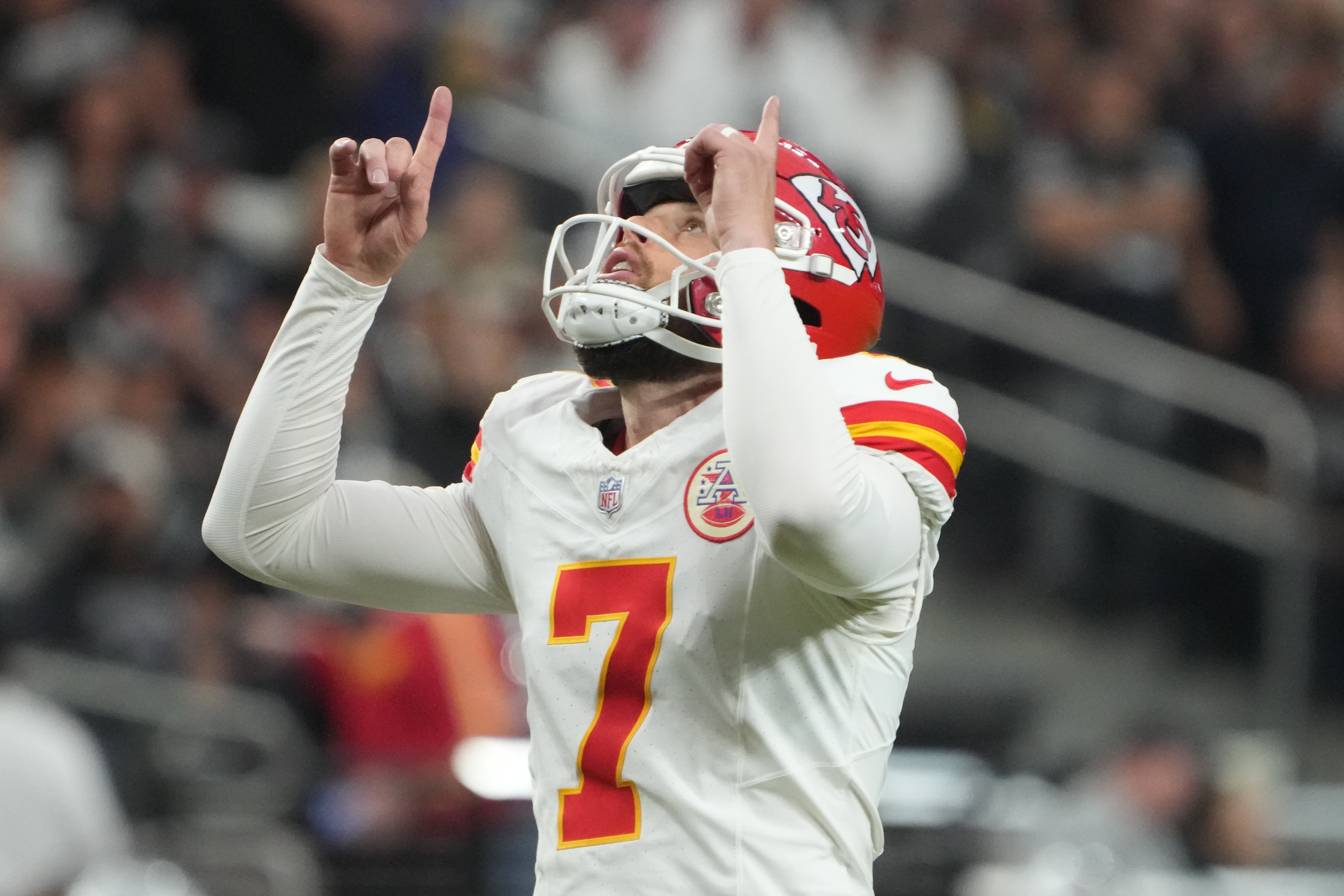 Oct 27, 2024; Paradise, Nevada, USA; Kansas City Chiefs place kicker Harrison Butker (7) reacts after a field goal against the Las Vegas Raiders in the second half at Allegiant Stadium.