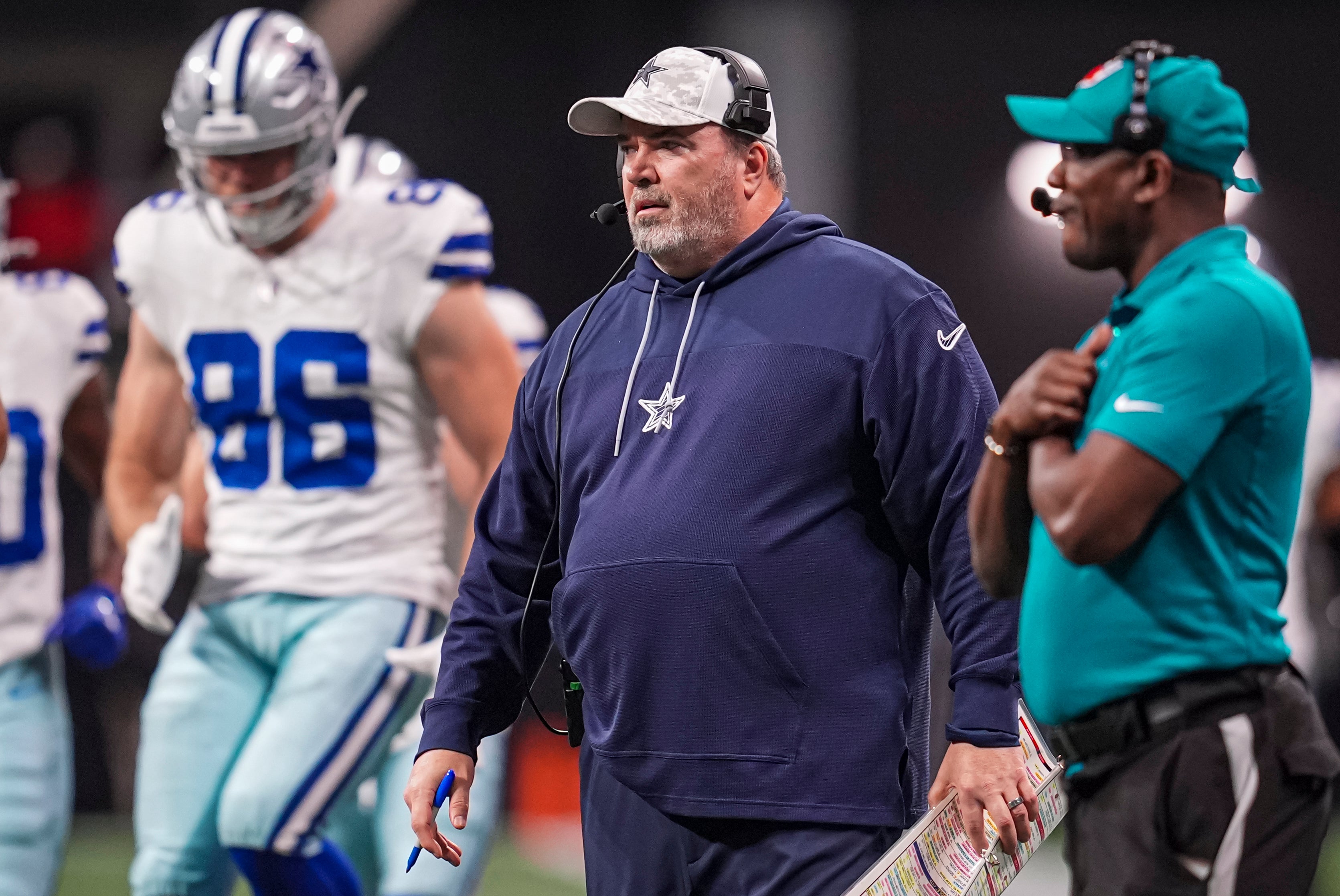 Dallas Cowboys head coach Mike McCarthy on the sideline against the Atlanta Falcons during the second half at Mercedes-Benz Stadium.