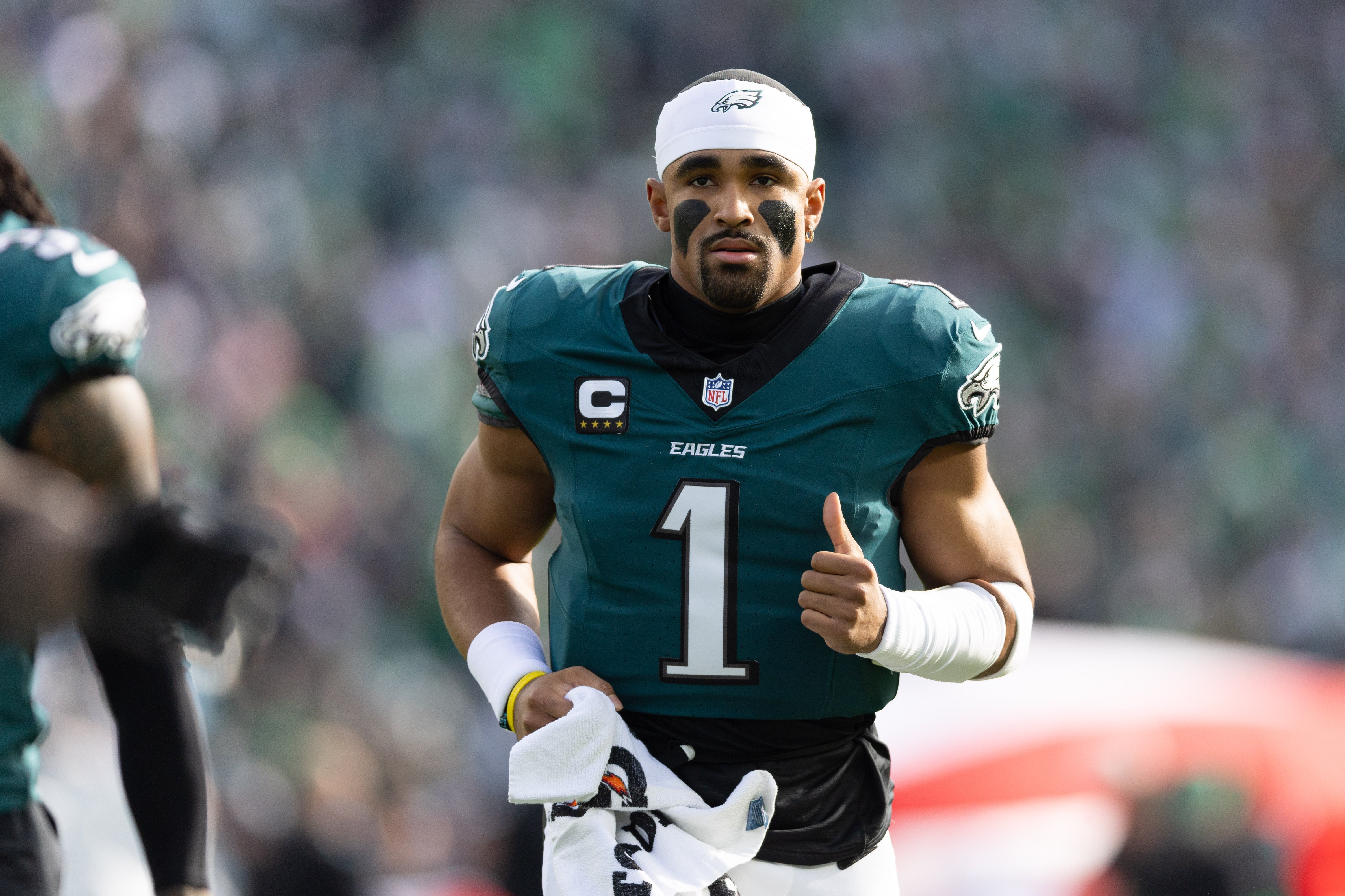 Philadelphia Eagles quarterback Jalen Hurts (1) in a game against the Carolina Panthers at Lincoln Financial Field.