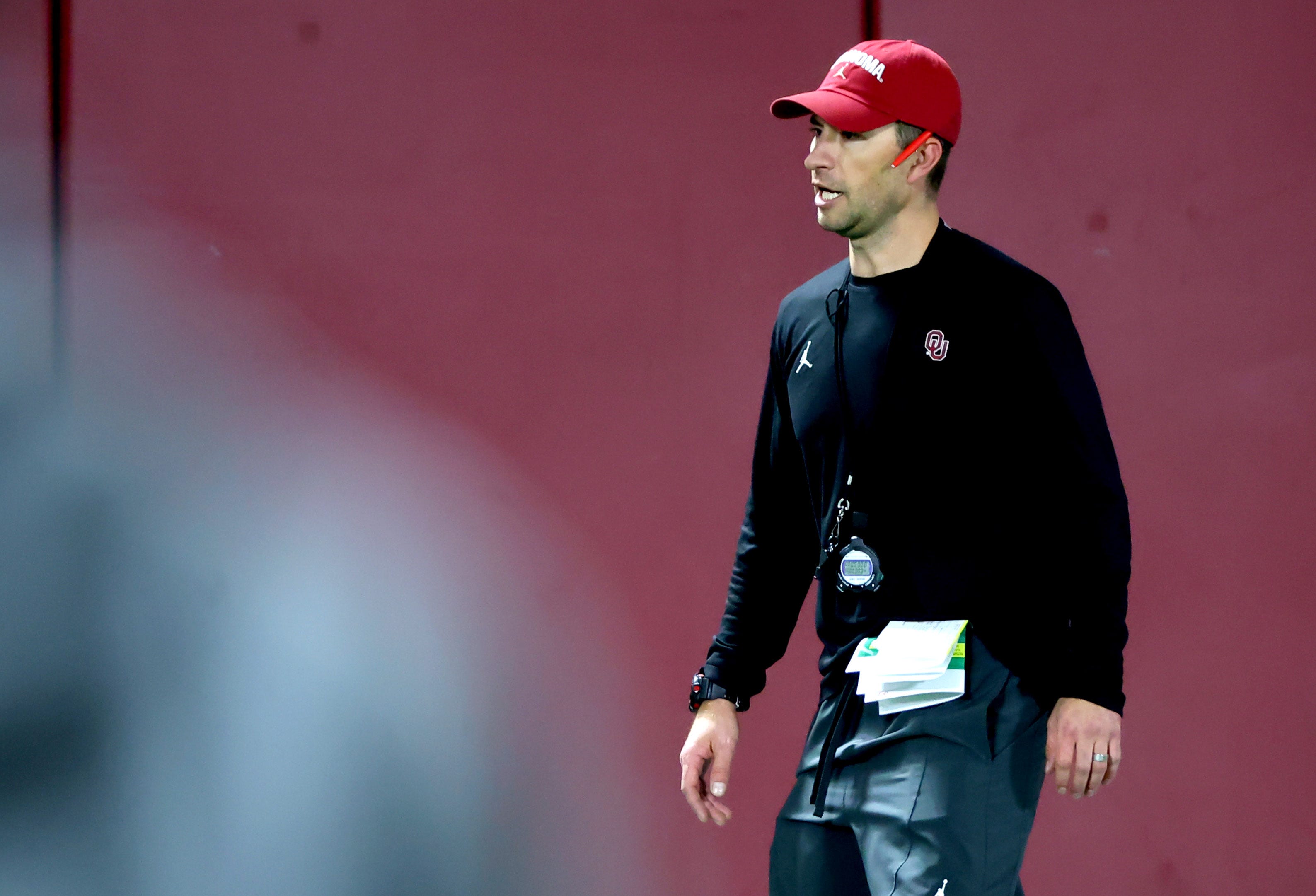 Oklahoma special teams analyst Doug Deakin watches drills during the University of Oklahoma (OU) spring football practice at the Everest Training Center in Norman, Okla., Wednesday, March 27, 2024.