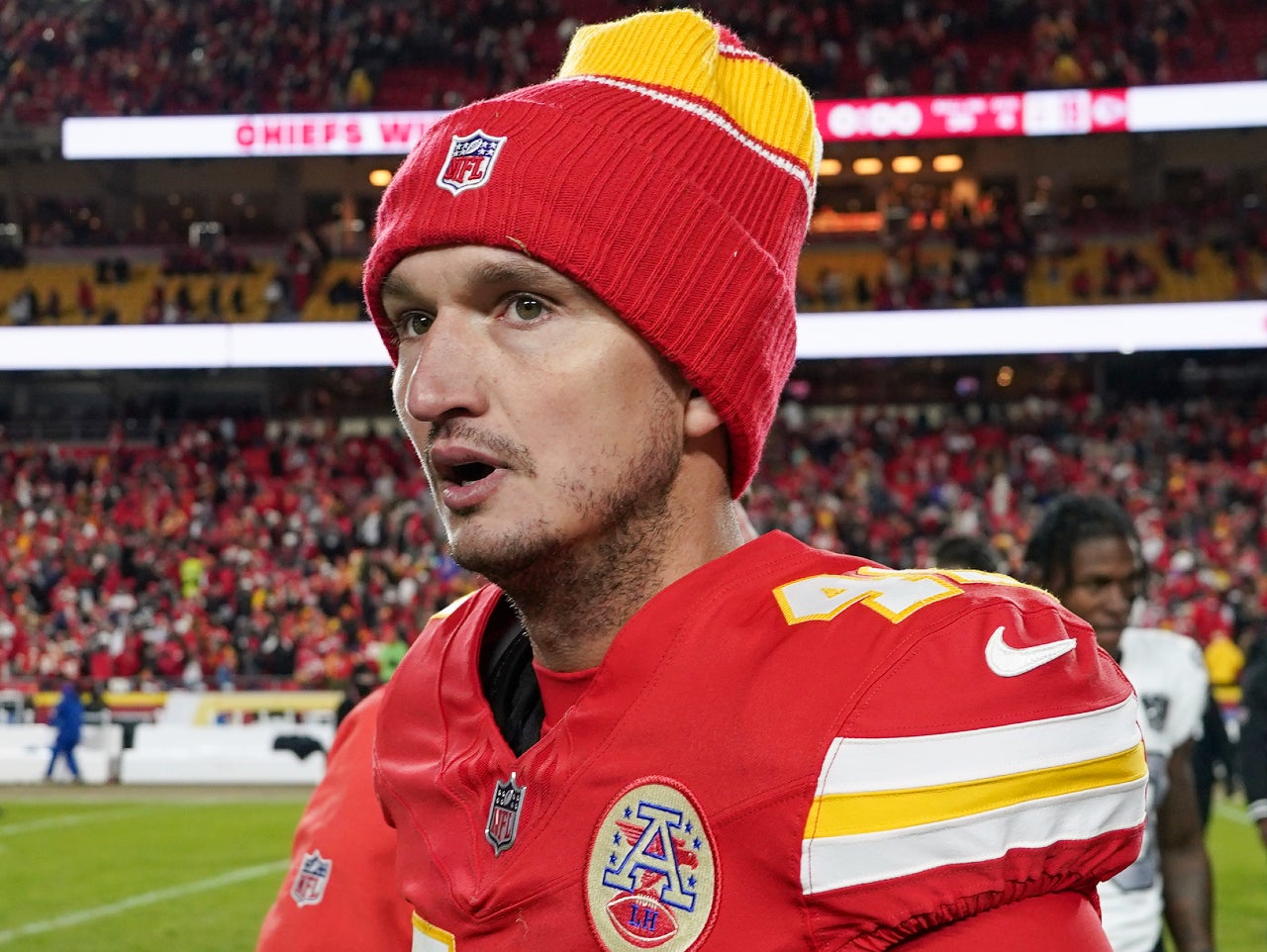 Nov 29, 2024; Kansas City, Missouri, USA; Kansas City Chiefs place kicker Matthew Wright (49) leaves the field after the game against the Las Vegas Raiders at GEHA Field at Arrowhead Stadium.