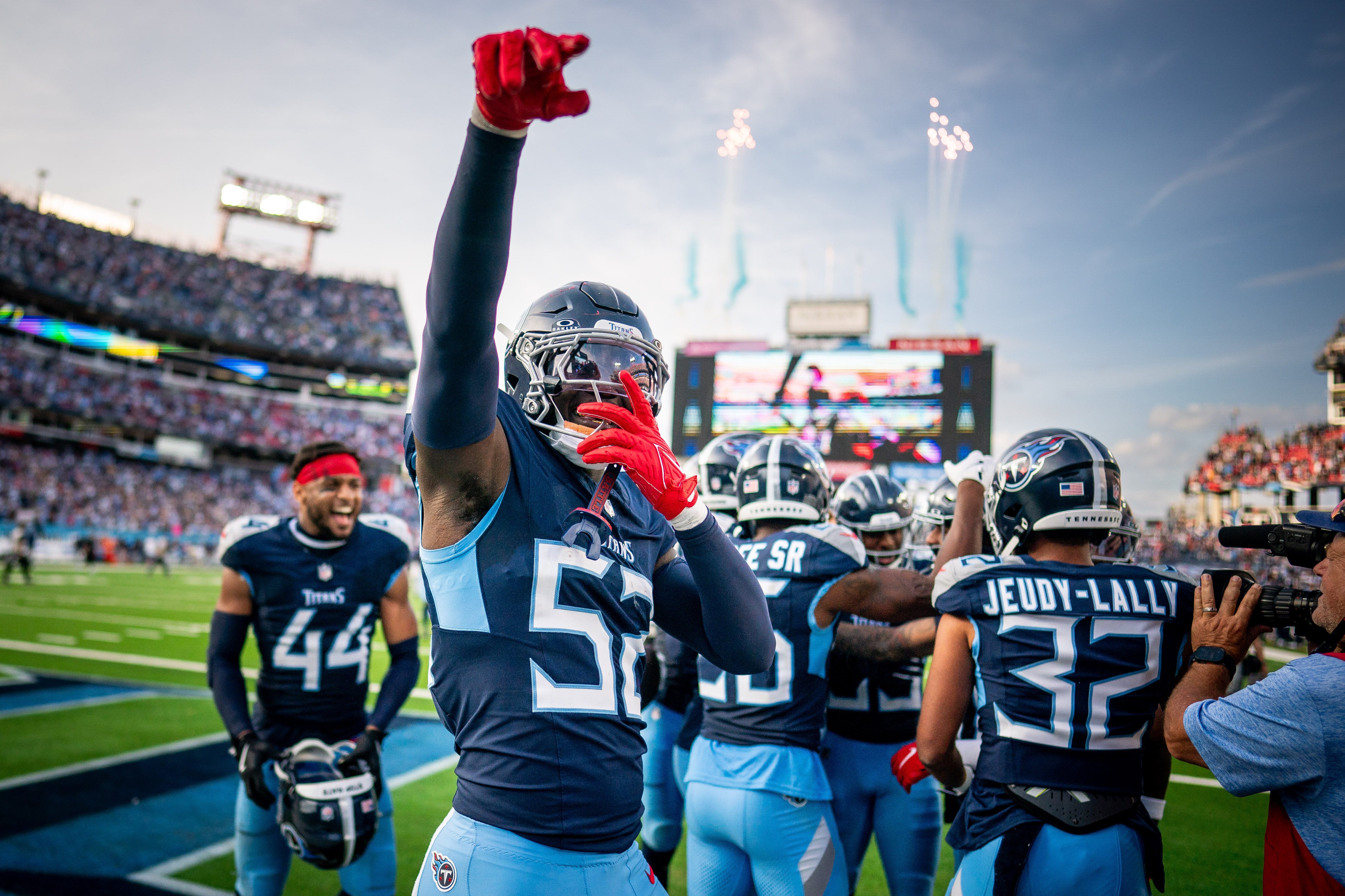 Tennessee Titans linebacker James Williams (52) reacts after defeating the New England Patriots in overtime at Nissan Stadium in Nashville, Tenn., Sunday, Nov. 3, 2024 Andrew Nelles / The Tennessean-USA TODAY NETWORK via Imagn Images