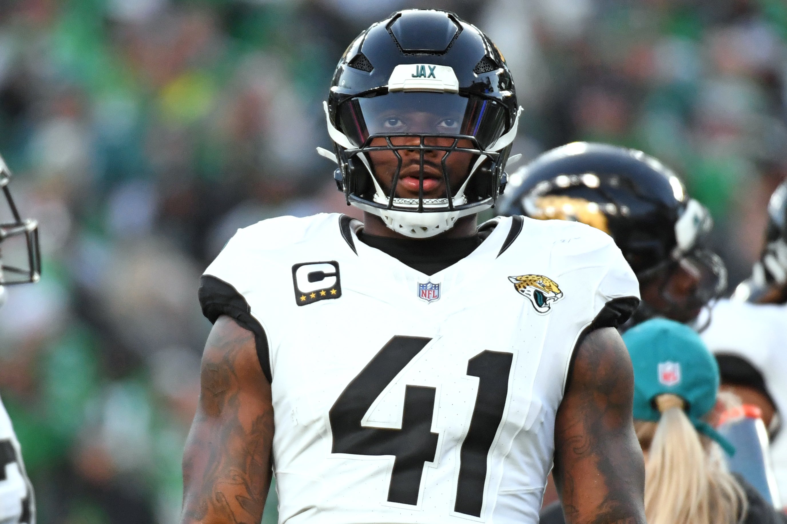 Nov 3, 2024; Philadelphia, Pennsylvania, USA; Jacksonville Jaguars defensive end Josh Hines-Allen (41) against the Philadelphia Eagles at Lincoln Financial Field.