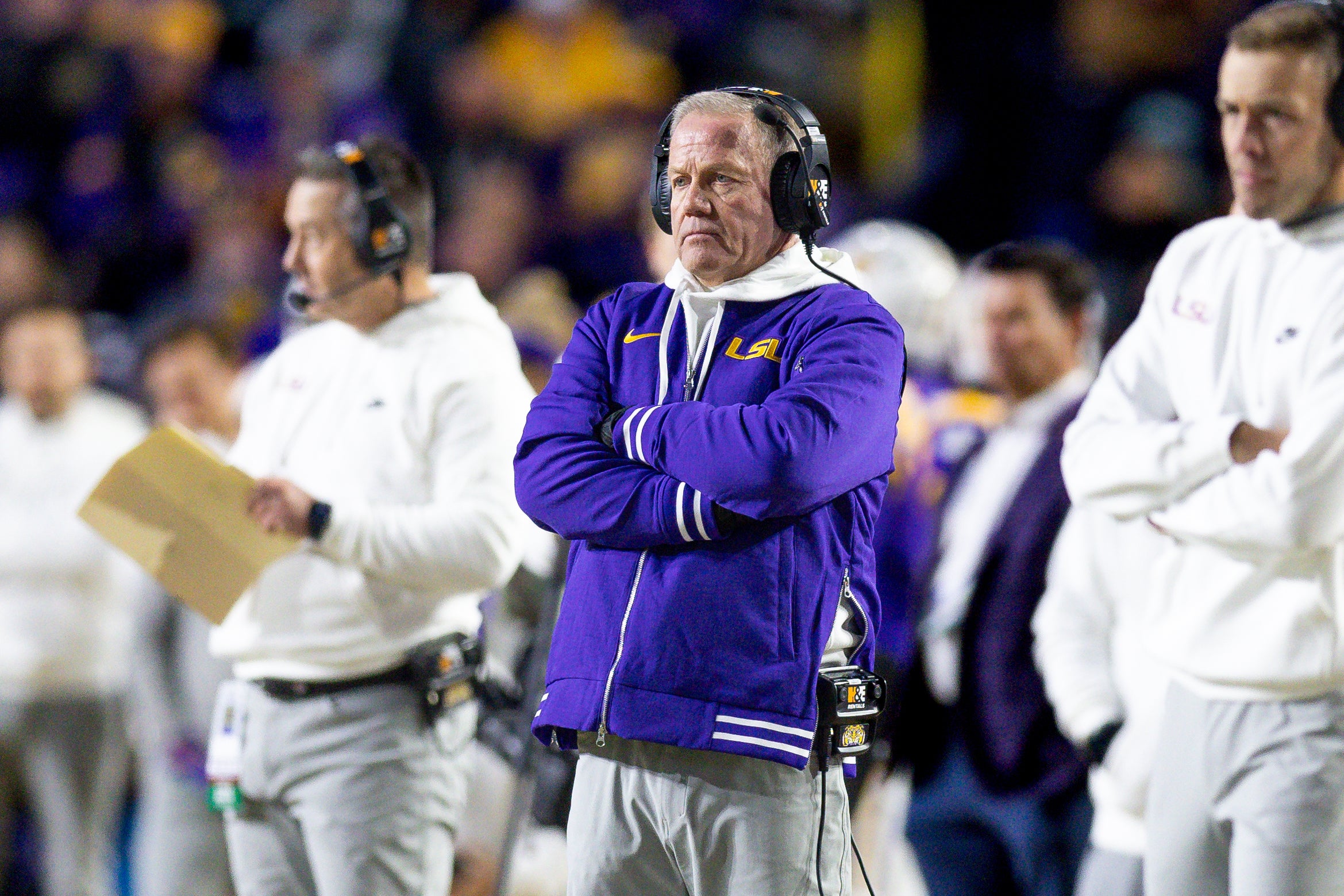 Nov 30, 2024; Baton Rouge, Louisiana, USA; LSU Tigers head coach Brian Kelly looks on against the Oklahoma Sooners during the second quarter at Tiger Stadium.