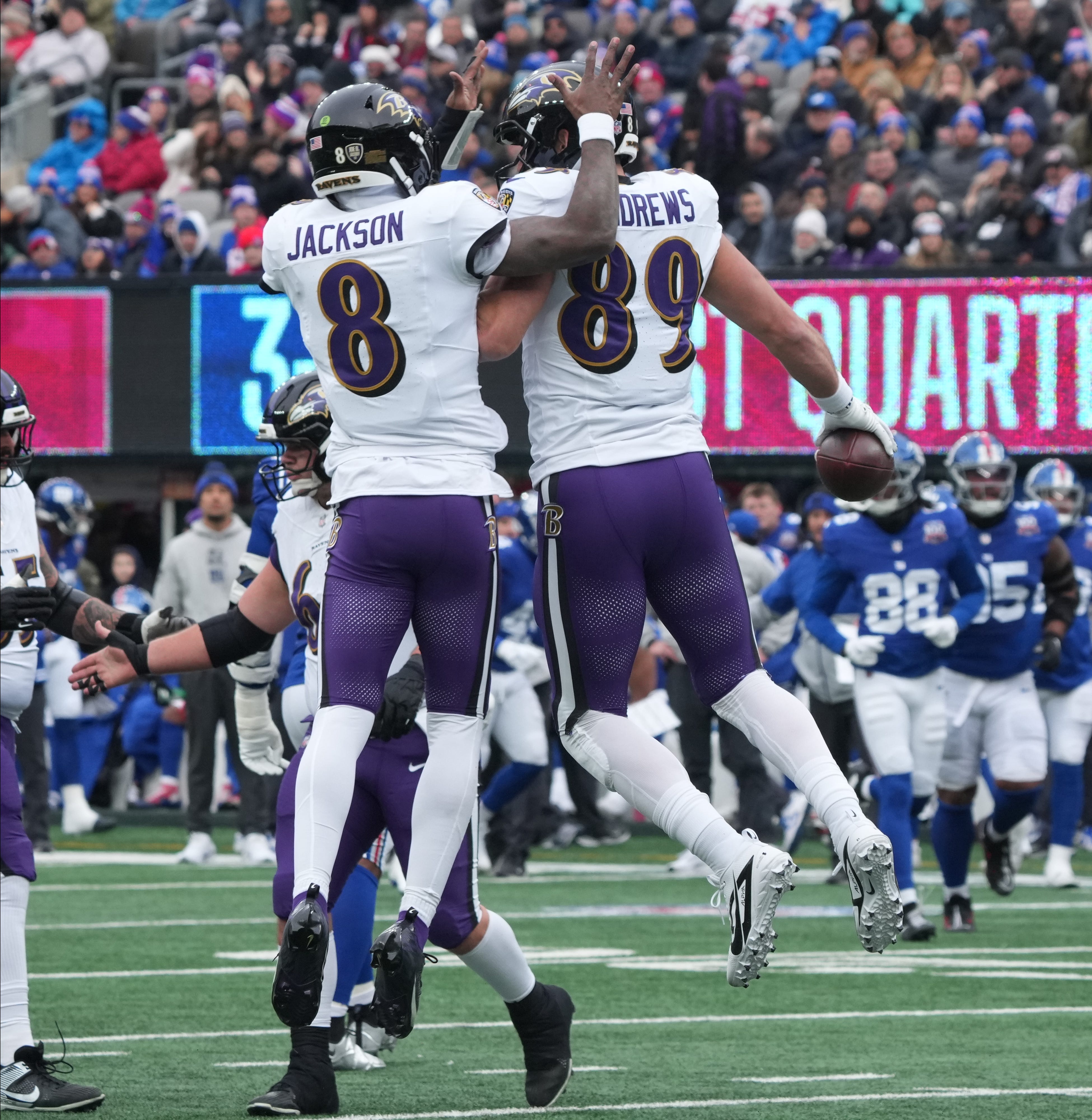 East Rutherford, NJ -- December 15, 2024 -- Lamar Jackson and Mark Andrews of the Ravens after Andrews scored a TD in the first half. The Baltimore Ravens came to MetLife Stadium to play the New York Giants.