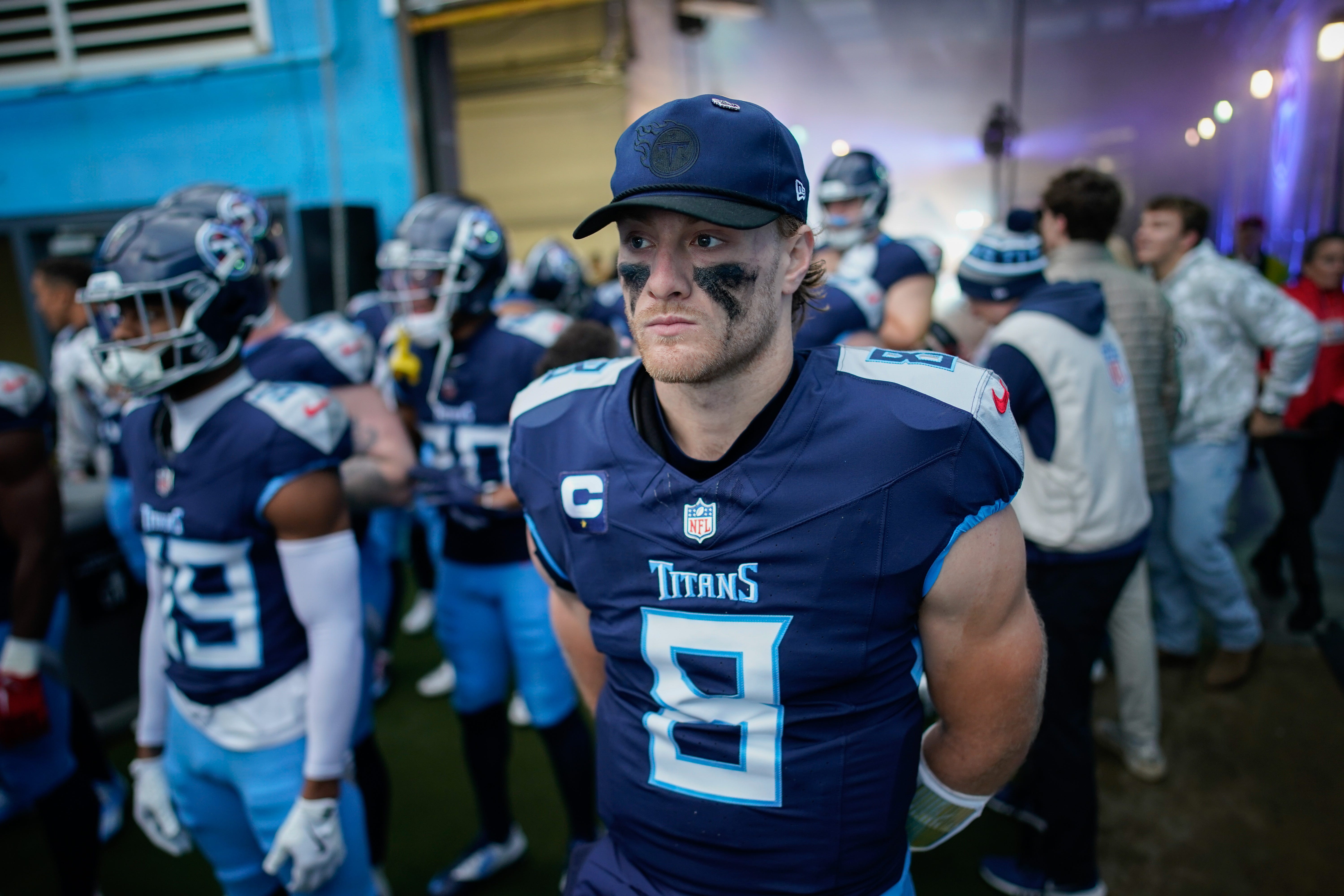 Tennessee Titans quarterback Will Levis (8) waits to enter the field before the Titans play the Bengals at Nissan Stadium in Nashville, Tenn., Sunday, Dec. 15, 2024 Andrew Nelles / The Tennessean-USA TODAY NETWORK via Imagn Images