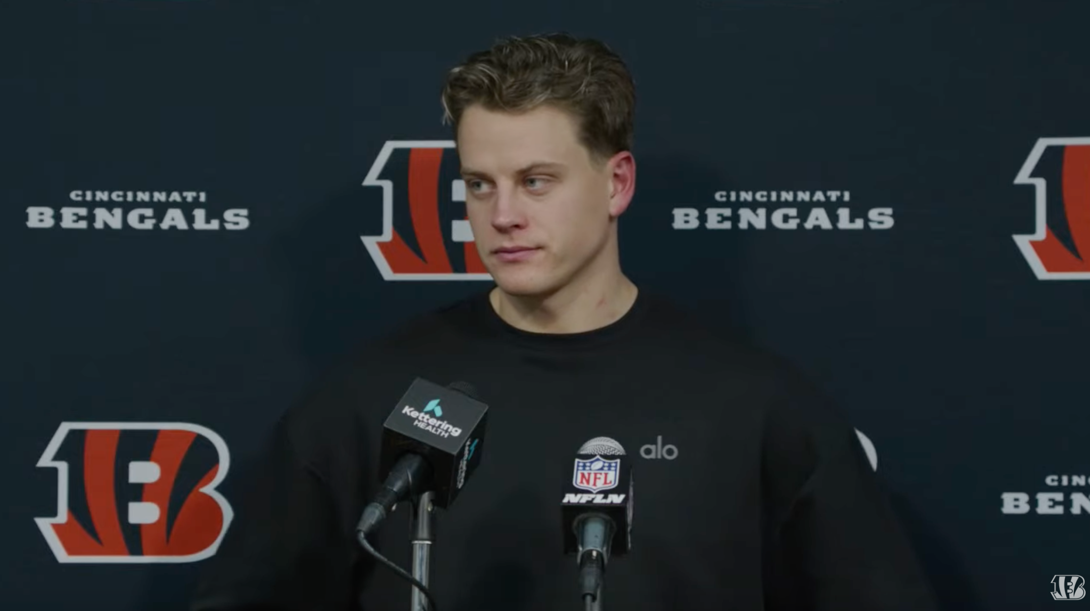 Cincinnati Bengals quarterback Joe Burrow talks to reporters after beating the Tennessee Titans, 37-27, on December 15, 2024.