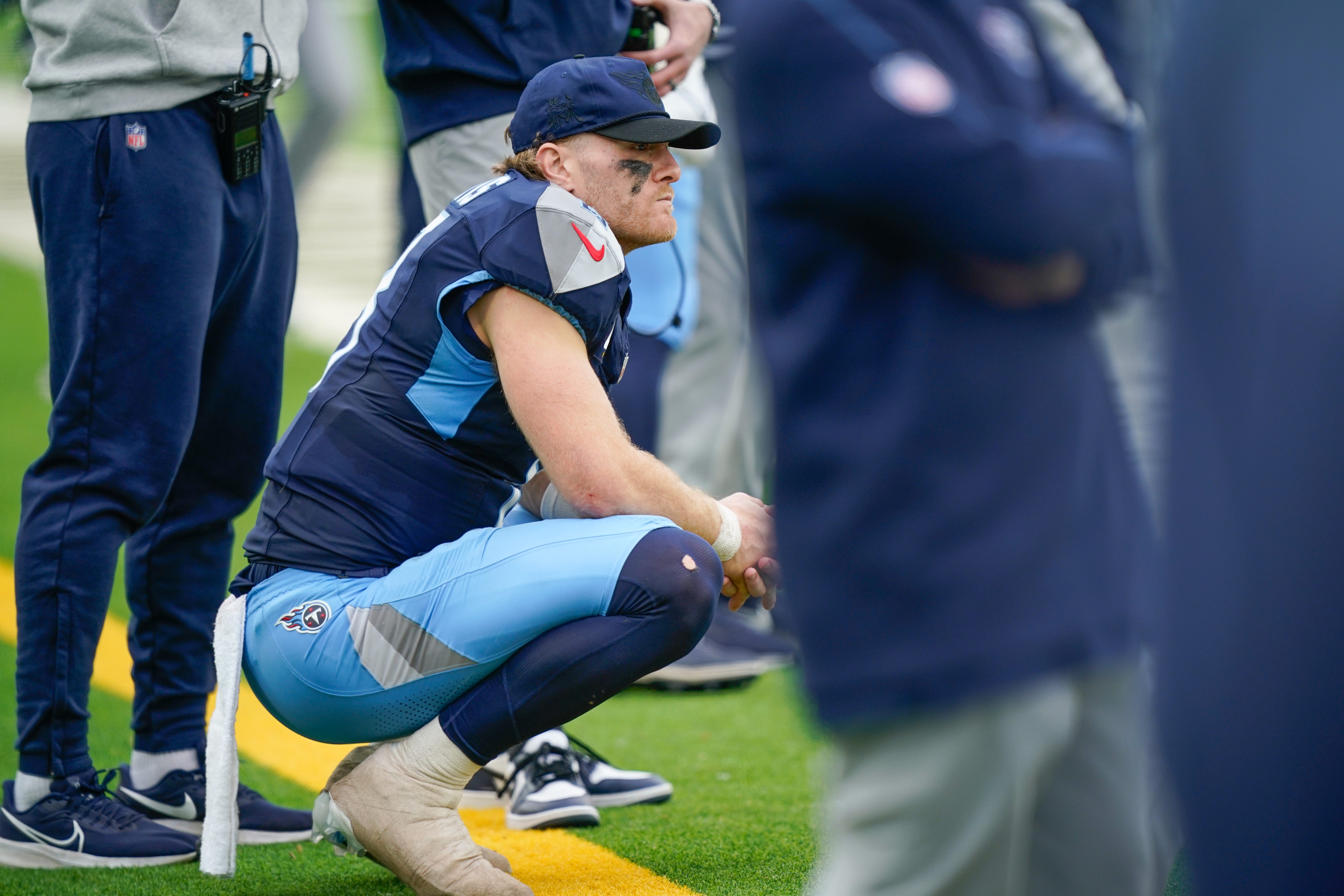 Tennessee Titans quarterback Will Levis (8) watches from the sidelines during the third quarter against the Cincinnati Bengals at Nissan Stadium in Nashville, Tenn., Sunday, Dec. 15, 2024.