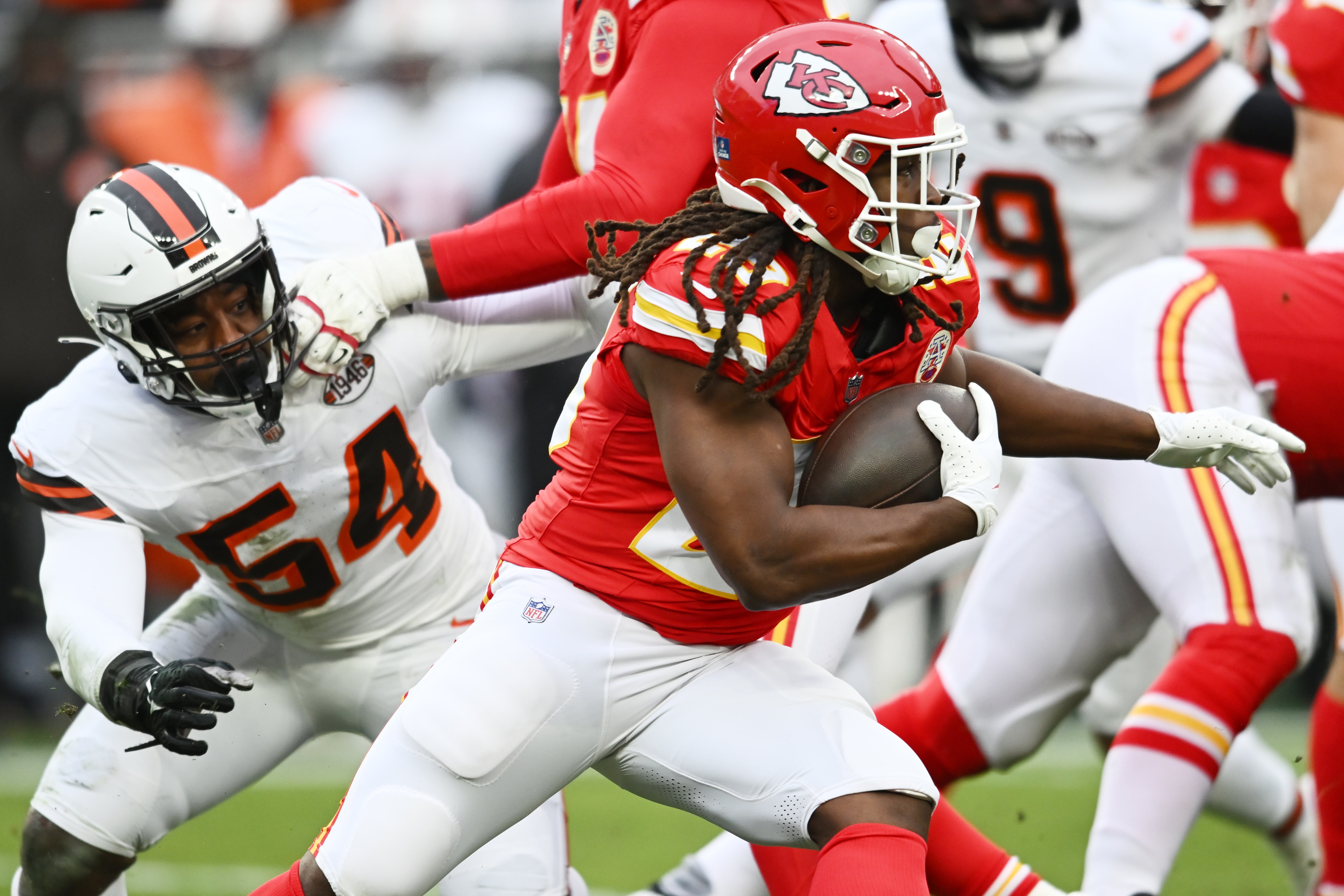 Dec 15, 2024; Cleveland, Ohio, USA; Kansas City Chiefs running back Kareem Hunt (29) runs with the ball during the first quarter against the Cleveland Browns at Huntington Bank Field.