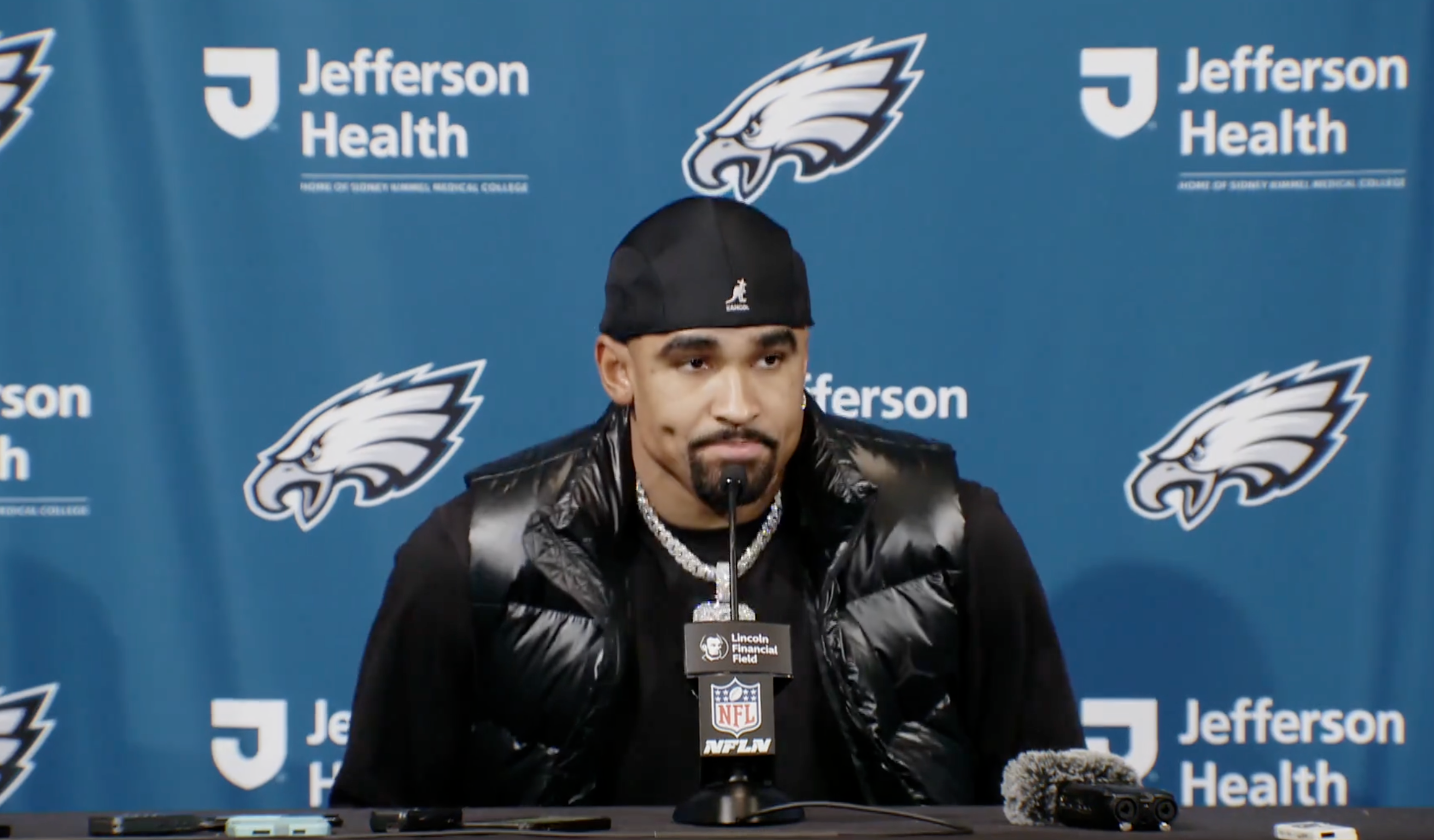 Philadelphia Eagles quarterback Jalen Hurts speaks to the media following 27-13 win over Pittsburgh Steelers in Week 15