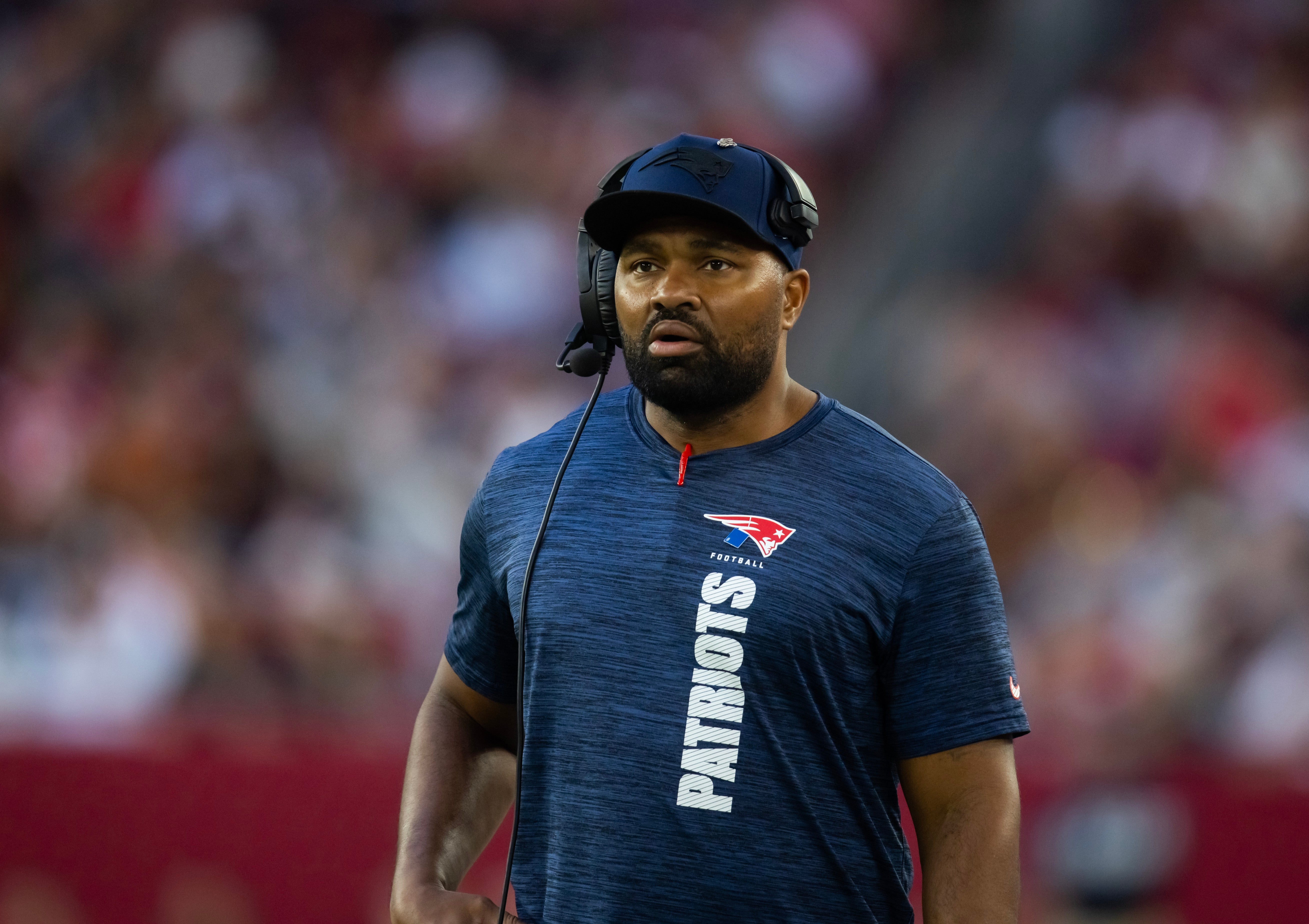 Dec 15, 2024; Glendale, Arizona, USA; New England Patriots head coach Jerod Mayo against the Arizona Cardinals in the second half at State Farm Stadium.