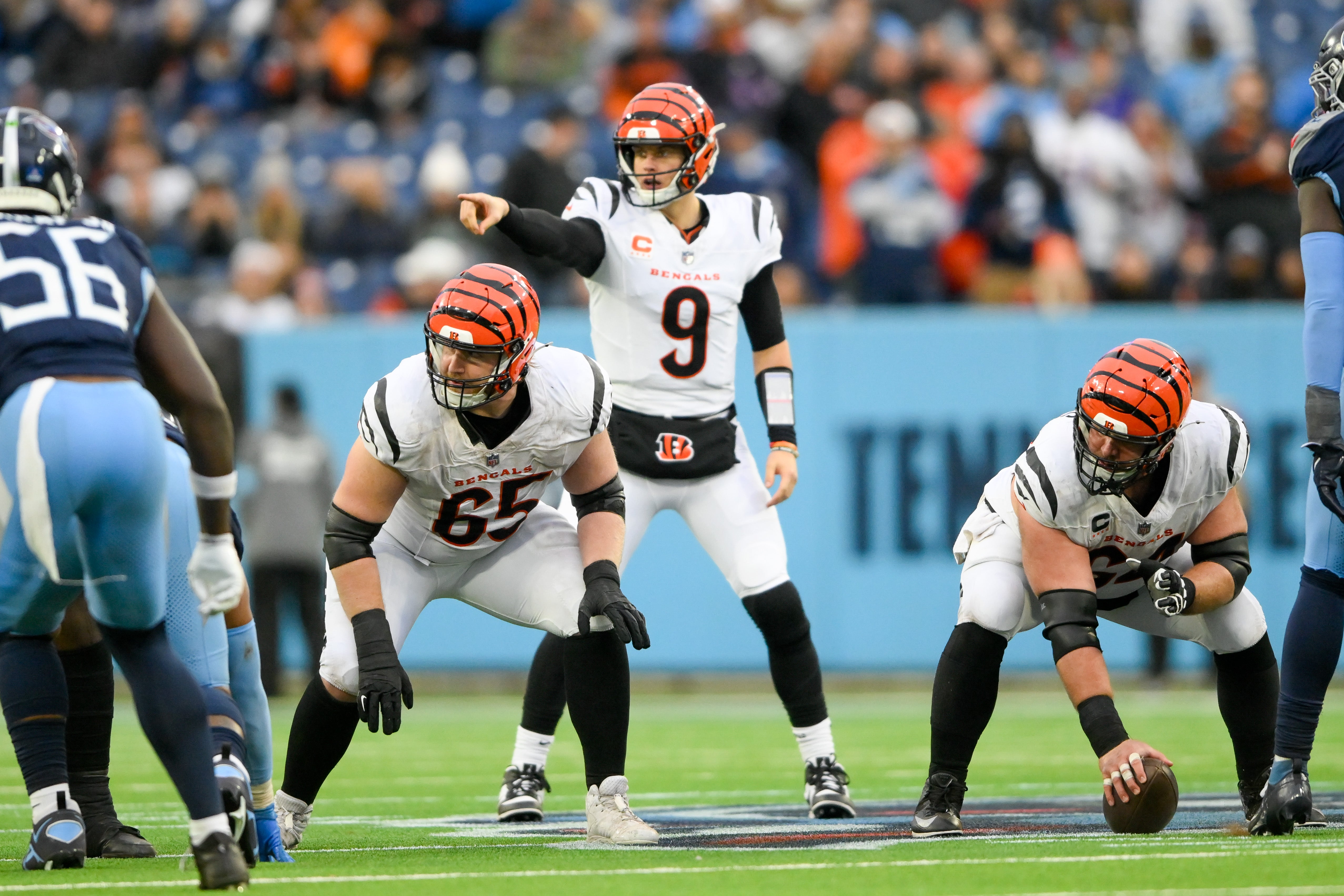 Dec 15, 2024; Nashville, Tennessee, USA; Cincinnati Bengals quarterback Joe Burrow (9) calls out the play against the Tennessee Titans during the second half at Nissan Stadium.