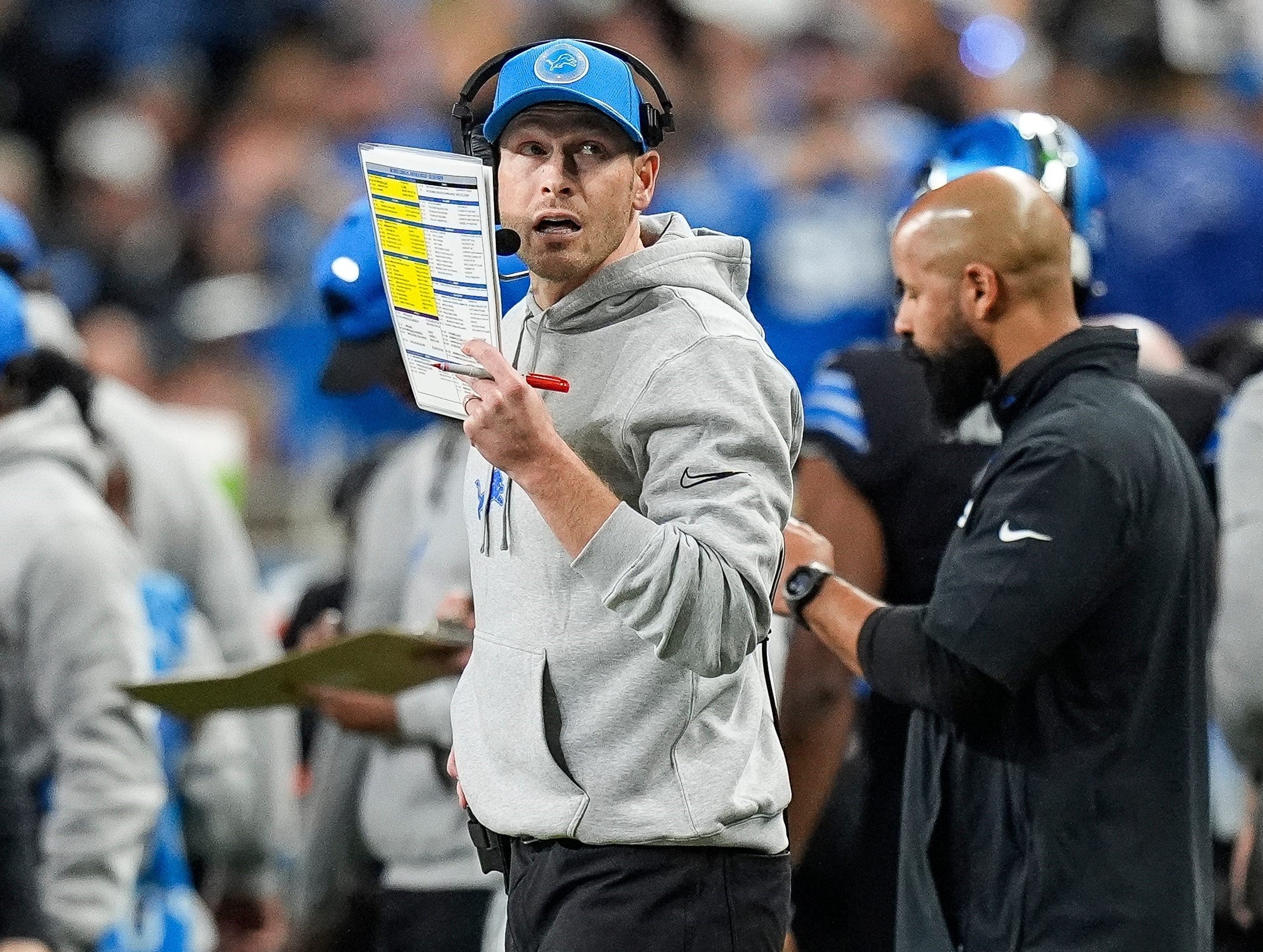 Detroit Lions offensive coordinator Ben Johnson reacts to a play against Buffalo Bills during the first half at Ford Field in Detroit on Sunday, Dec. 15, 2024.