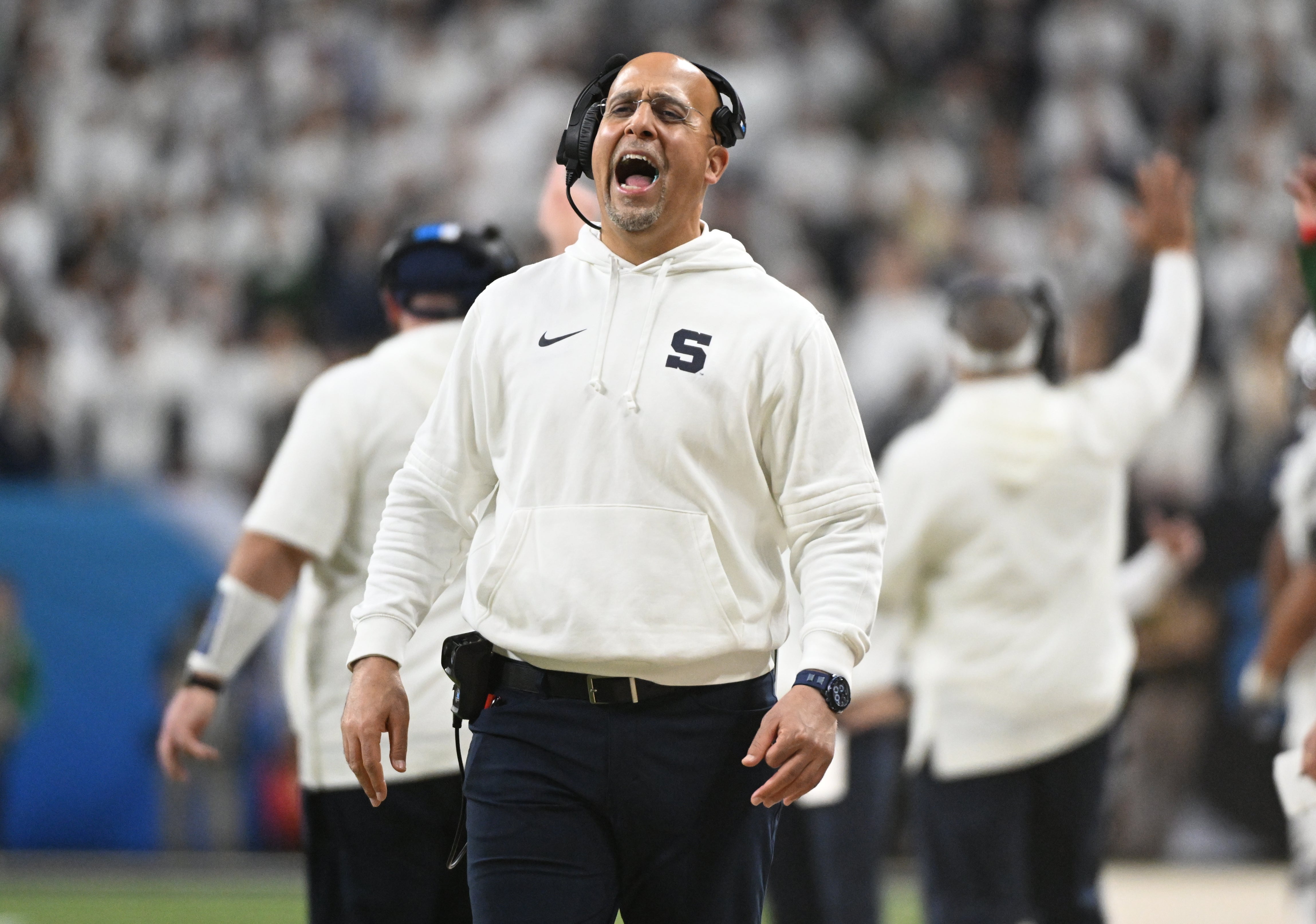 Dec 7, 2024; Indianapolis, IN, USA; Penn State Nittany Lions head coach James Franklin reacts after a touchdown against the Oregon Ducks during the second quarter in the 2024 Big Ten Championship game at Lucas Oil Stadium.