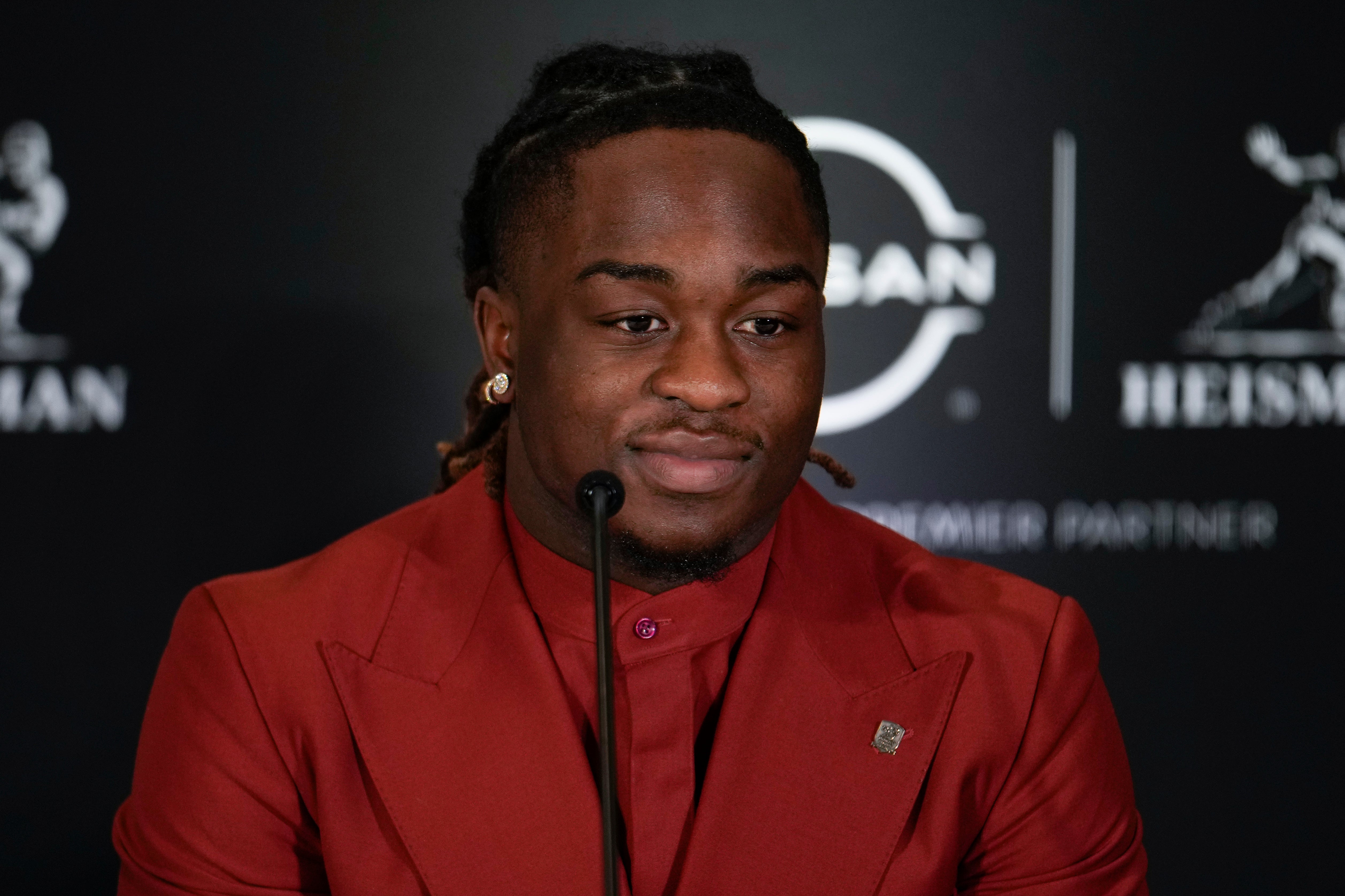 Dec 14, 2024; New York, NY, USA; Boise State Broncos running back Ashton Jeanty listens on stage during a press conference before the 2024 Heisman Trophy Presentation.