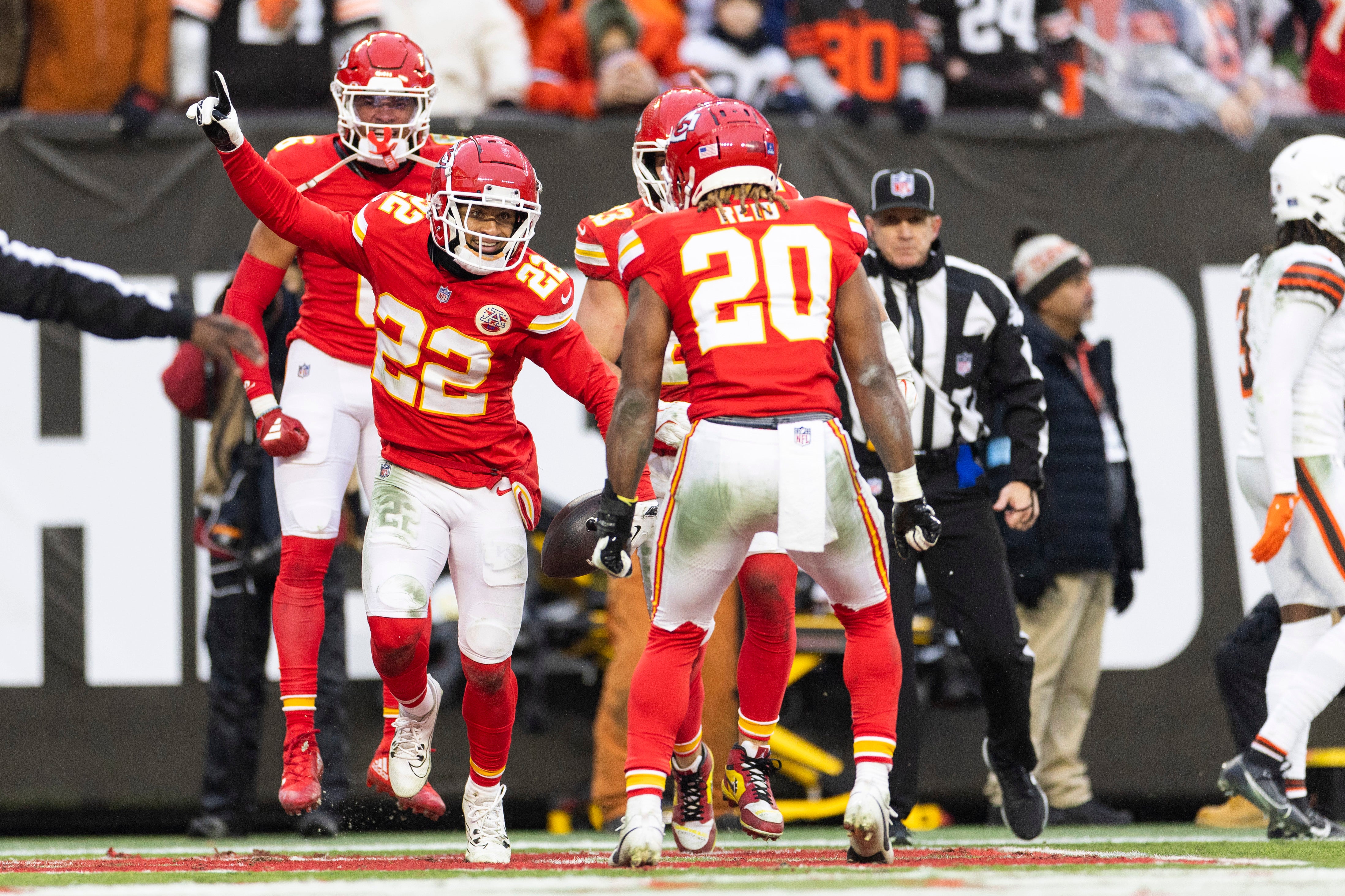 Chiefs cornerback Trent McDuffie (22) celebrates his interception against the Cleveland Browns.