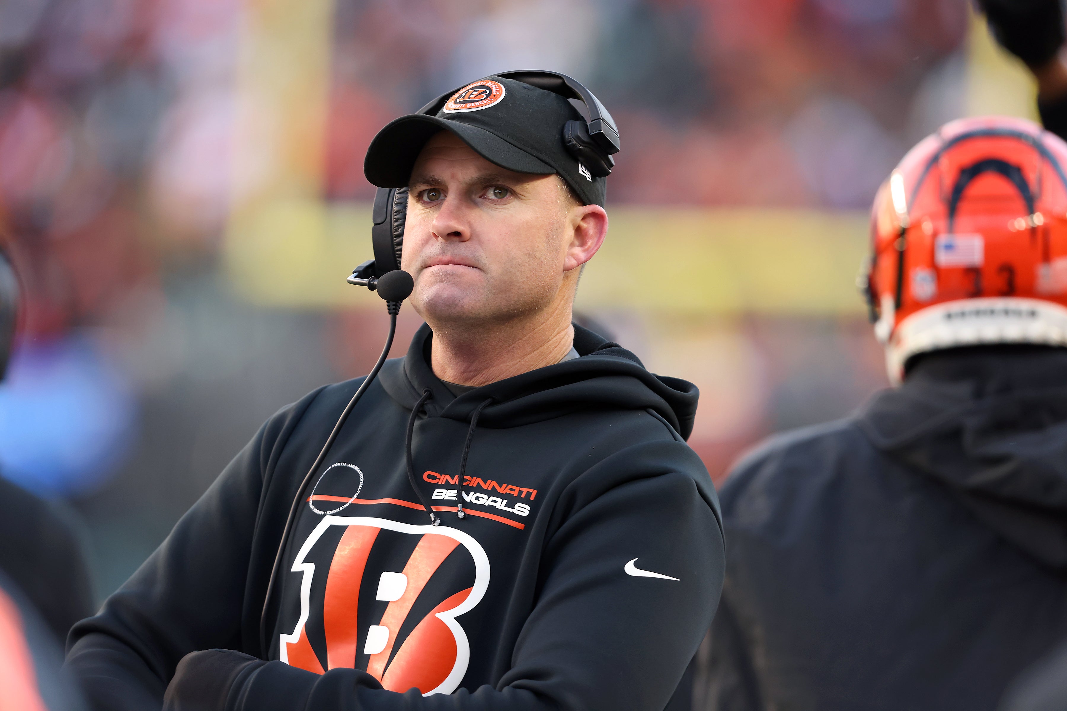 Dec 1, 2024; Cincinnati, Ohio, USA; Cincinnati Bengals head coach Zac Taylor reacts as time winds down during the fourth quarter against the Pittsburgh Steelers at Paycor Stadium.