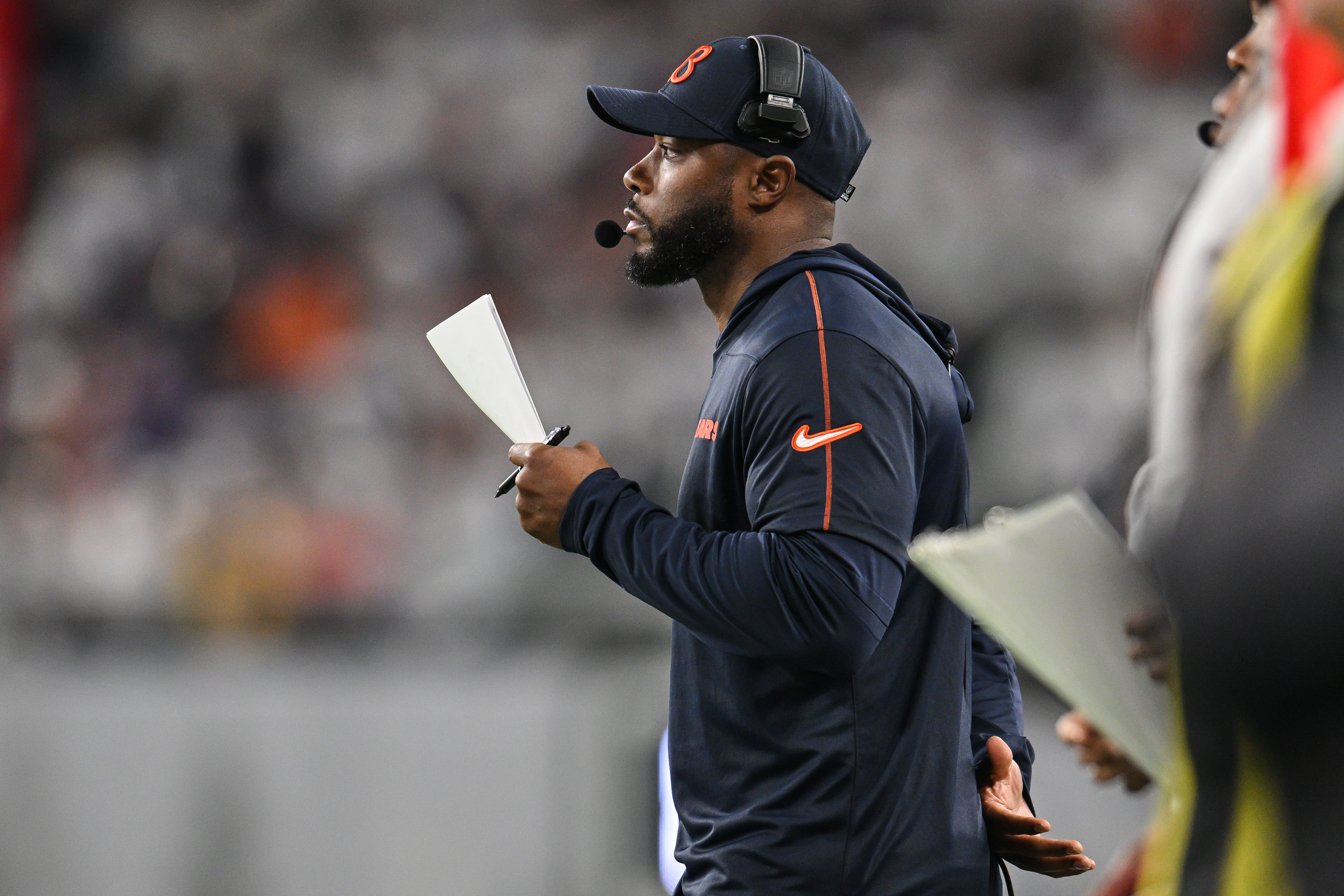 Dec 16, 2024; Minneapolis, Minnesota, USA; Chicago Bears interim head coach Thomas Brown looks on during the second quarter against the Minnesota Vikings at U.S. Bank Stadium.