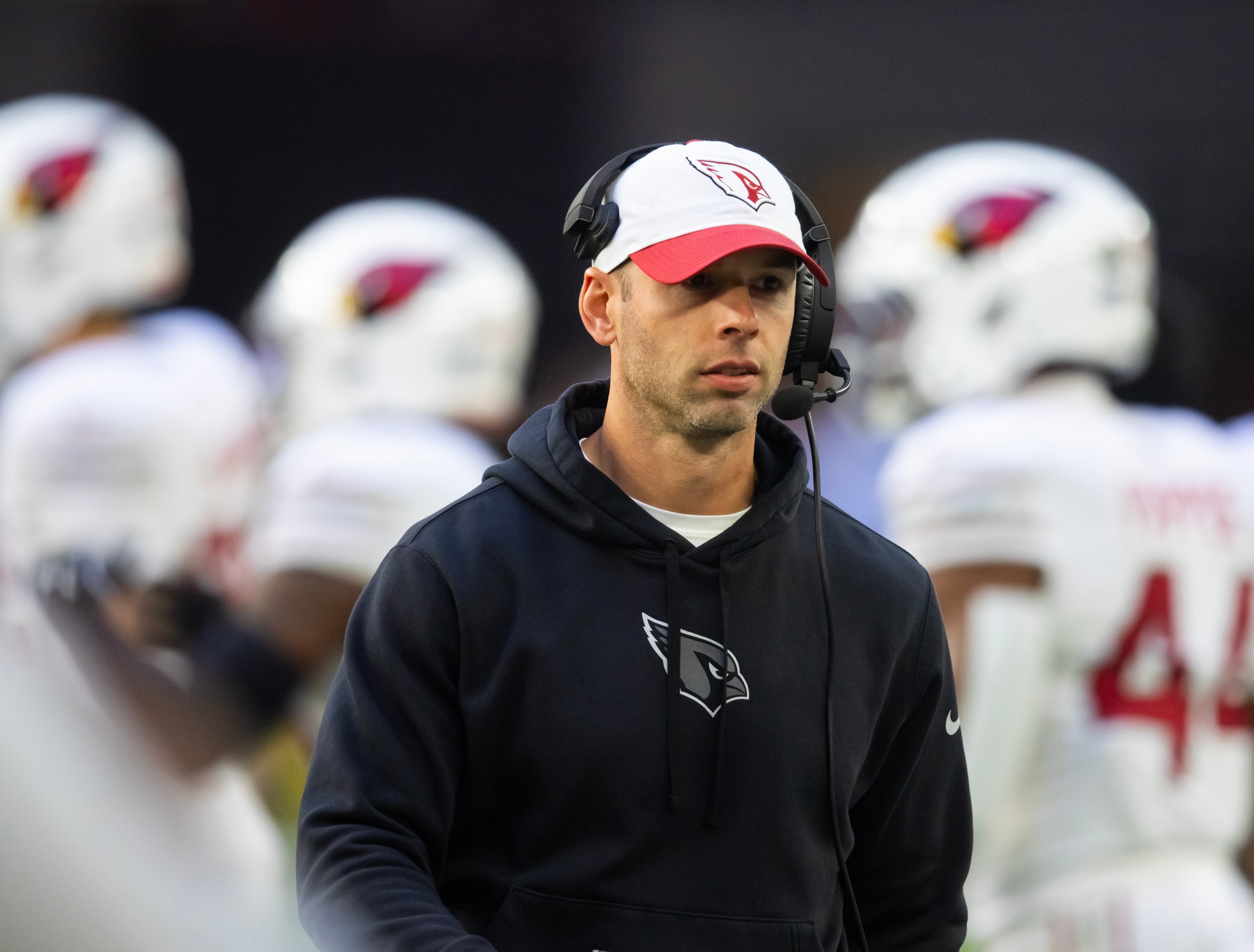Dec 15, 2024; Glendale, Arizona, USA; Arizona Cardinals head coach Jonathan Gannon against the New England Patriots at State Farm Stadium.