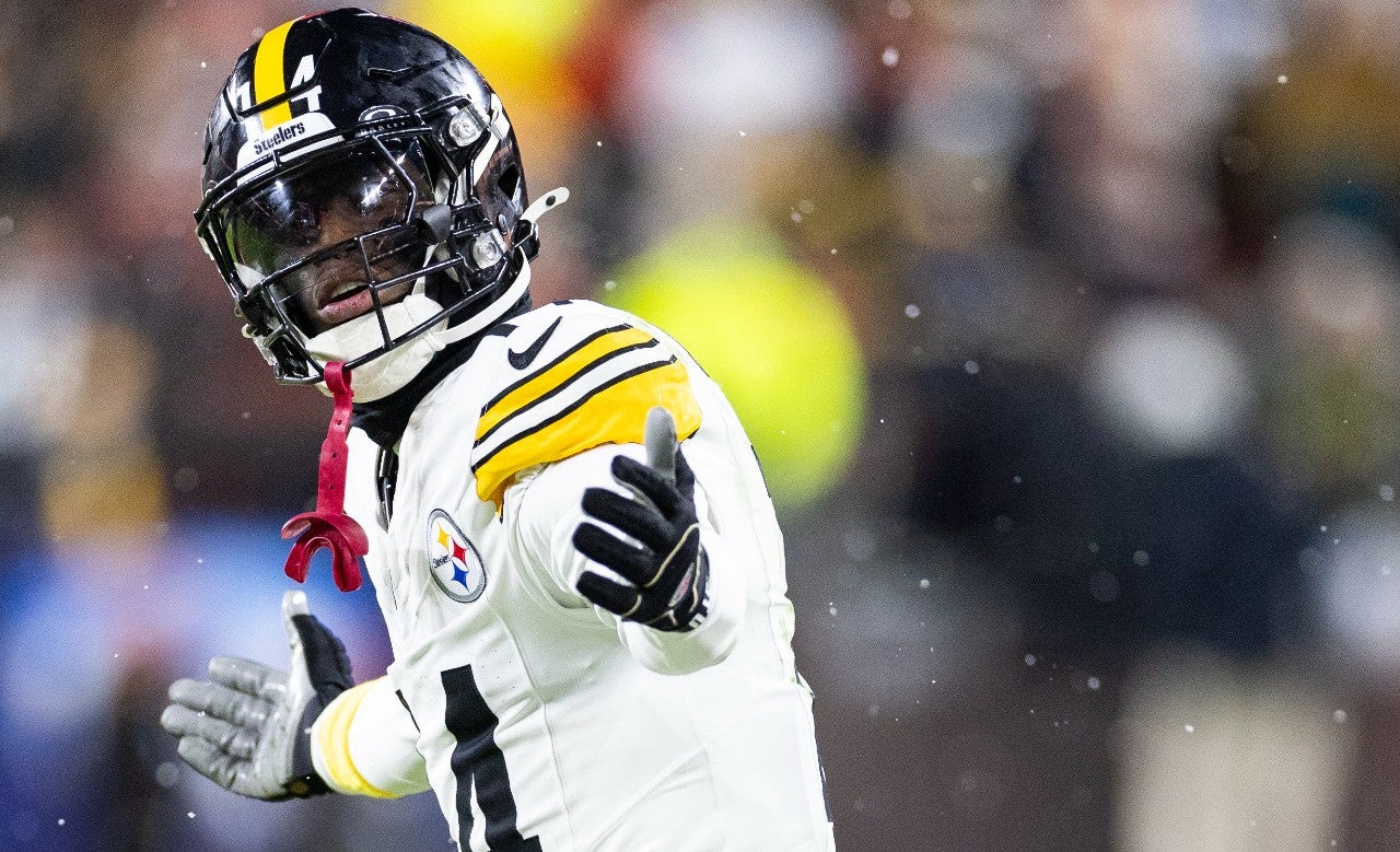 Nov 21, 2024; Cleveland, Ohio, USA; Pittsburgh Steelers wide receiver George Pickens (14) reacts during the second quarter against the Cleveland Browns at Huntington Bank Field Stadium.