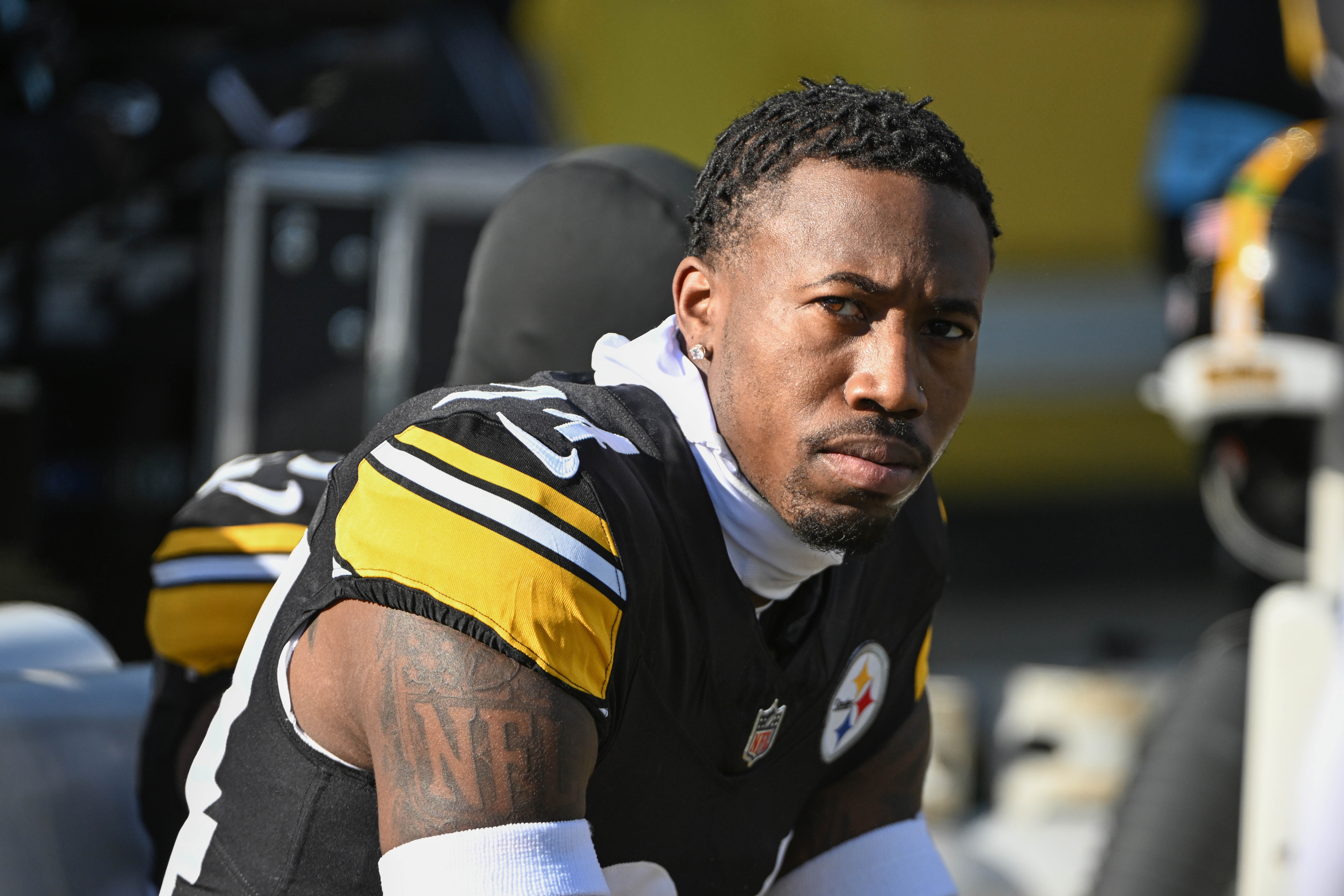 Dec 8, 2024; Pittsburgh, Pennsylvania, USA; Pittsburgh Steelers cornerback Joey Porter Jr. (24) sits on the bench during a game against the Cleveland Browns at Acrisure Stadium.
