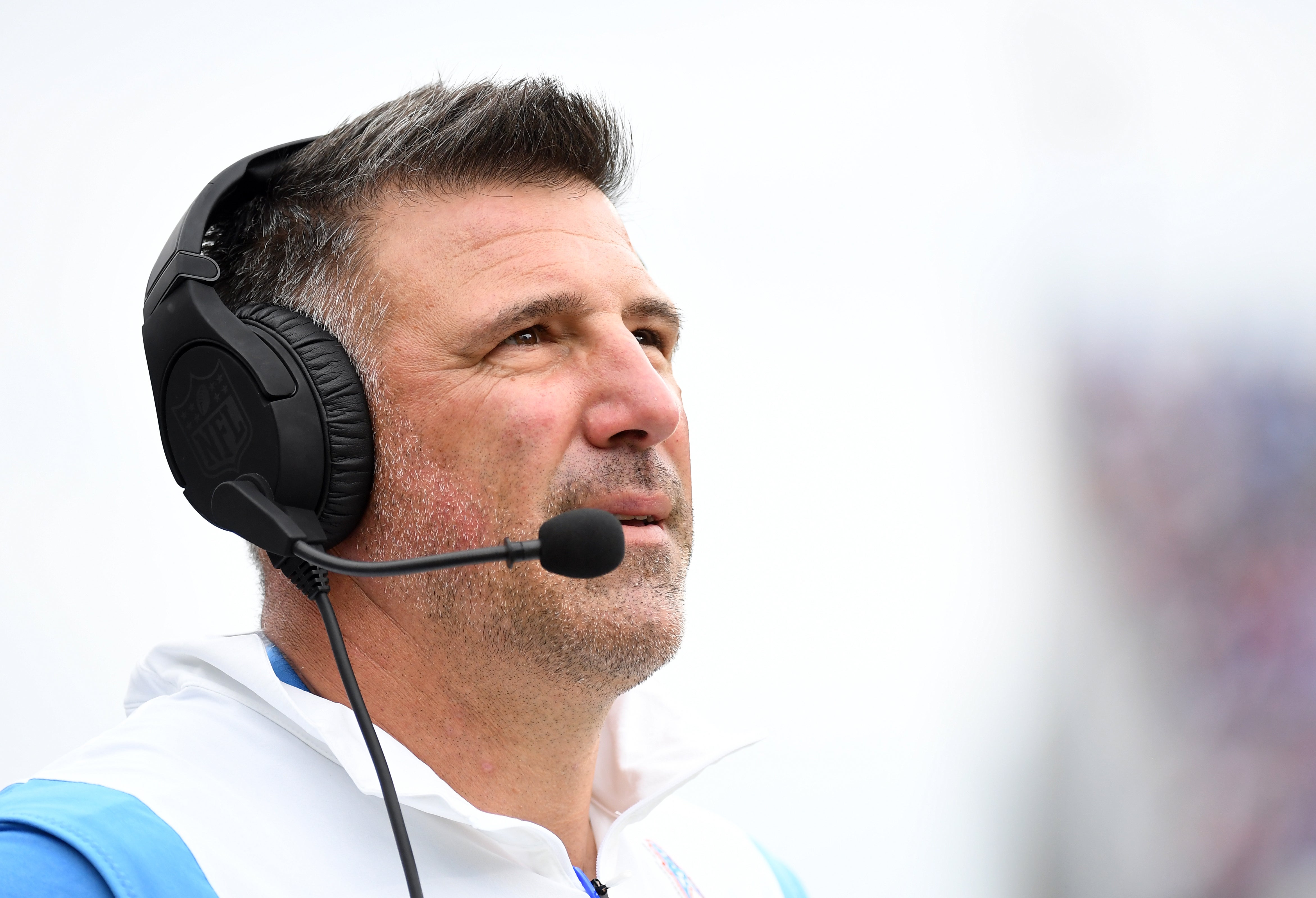 Oct 29, 2023; Nashville, Tennessee, USA; Tennessee Titans head coach Mike Vrabel looks on from the sideline during the first half against the Atlanta Falcons at Nissan Stadium. Mandatory Credit: Christopher Hanewinckel-Imagn Images