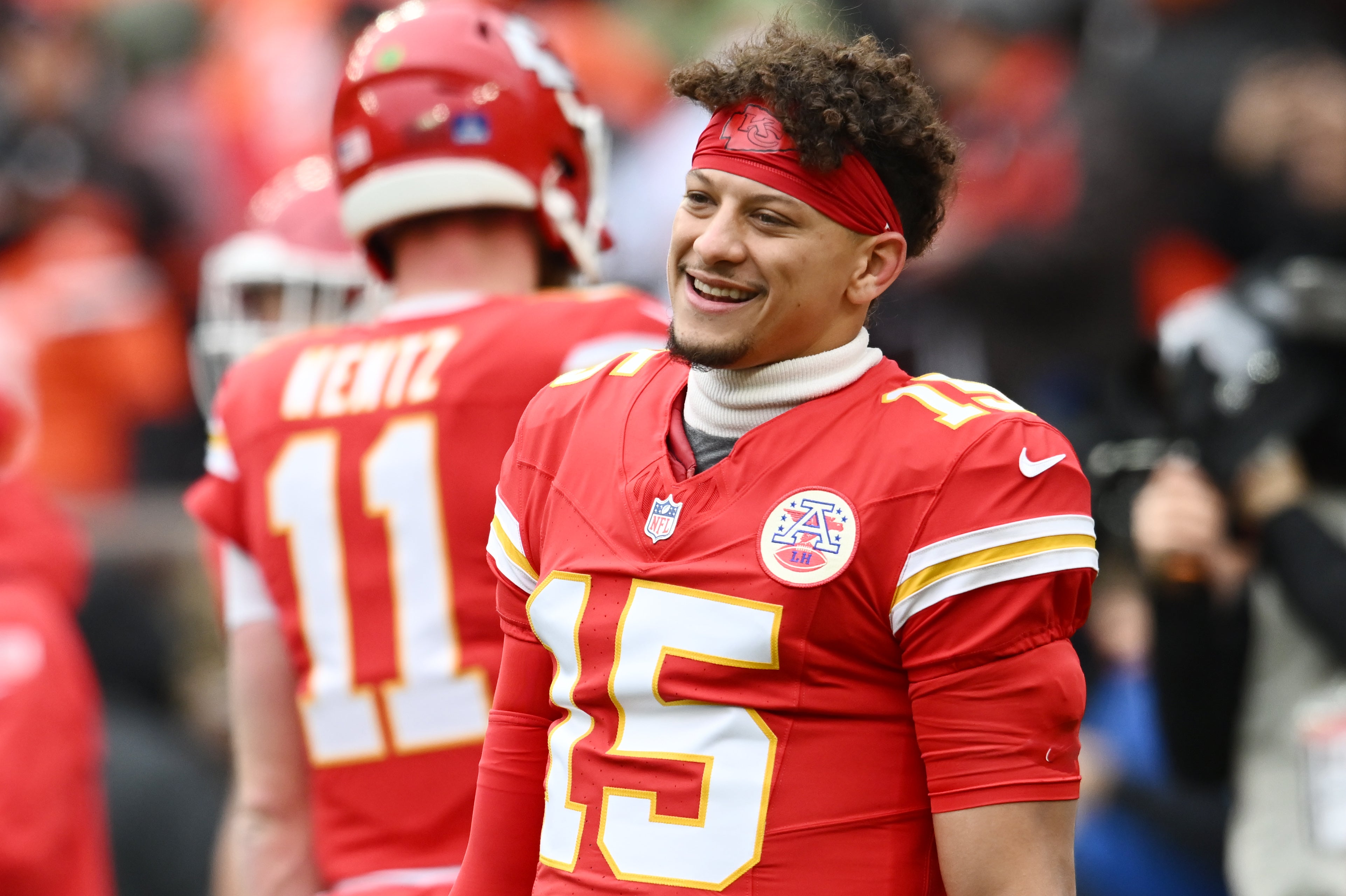Dec 15, 2024; Cleveland, Ohio, USA; Kansas City Chiefs quarterback Patrick Mahomes (15) warms up before the game between the Cleveland Browns and the Chiefs at Huntington Bank Field.