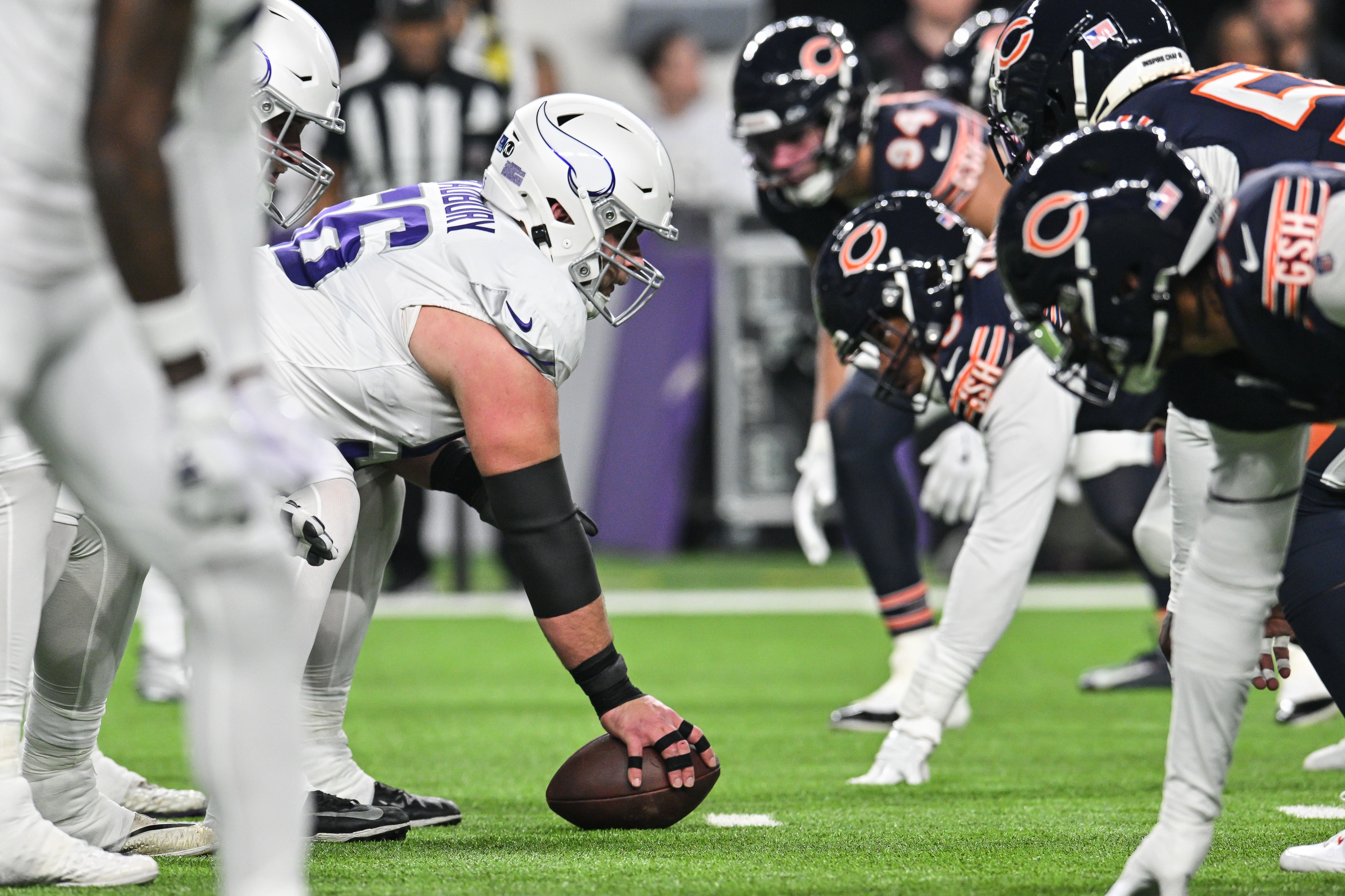 Dec 16, 2024; Minneapolis, Minnesota, USA; The line of scrimmage between the Minnesota Vikings and the Chicago Bears during the first quarter at U.S. Bank Stadium.