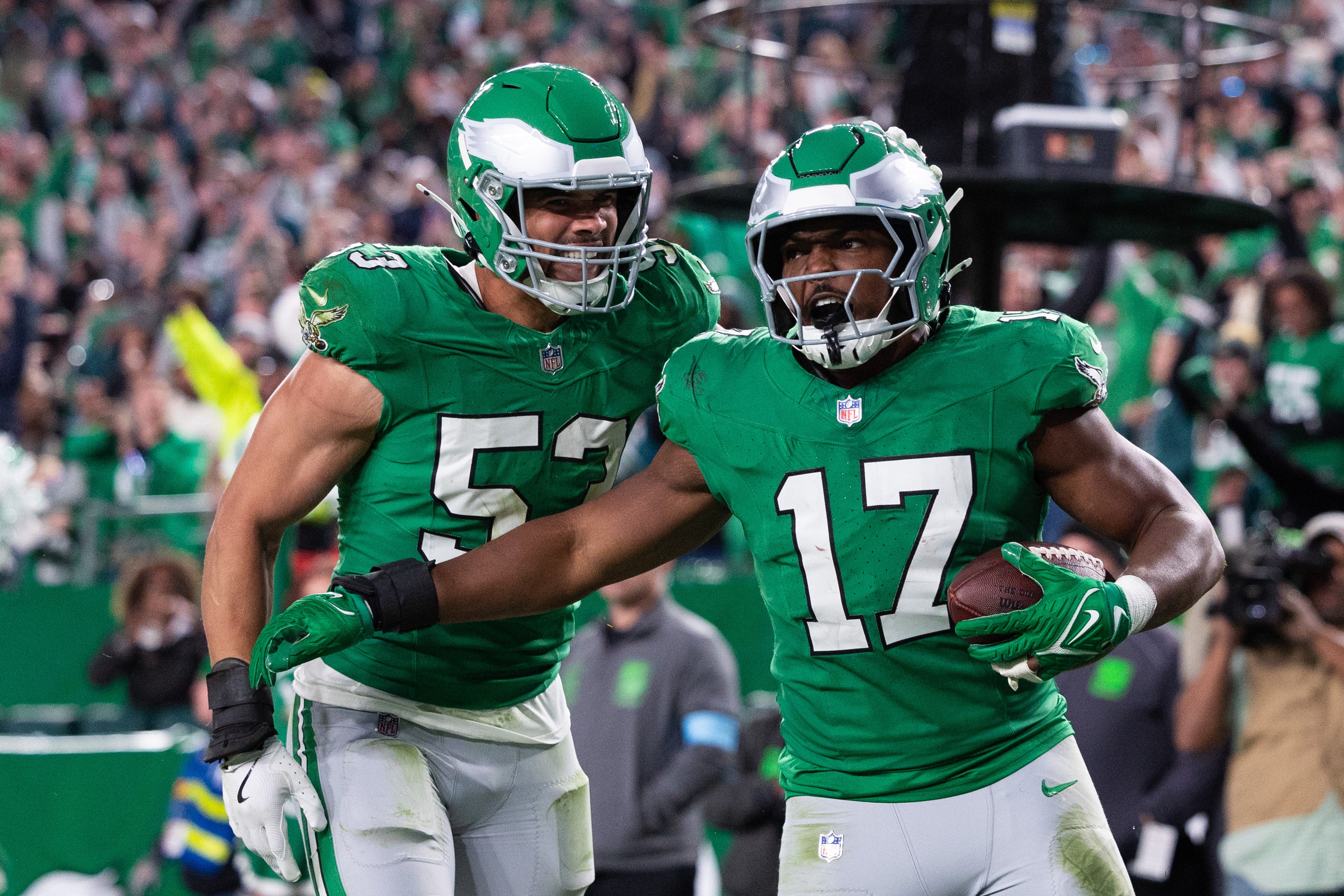 Philadelphia Eagles linebacker Nakobe Dean (17) reacts to his interception with linebacker Zack Baun (53) during the fourth quarter against the Jacksonville Jaguars at Lincoln Financial Field.